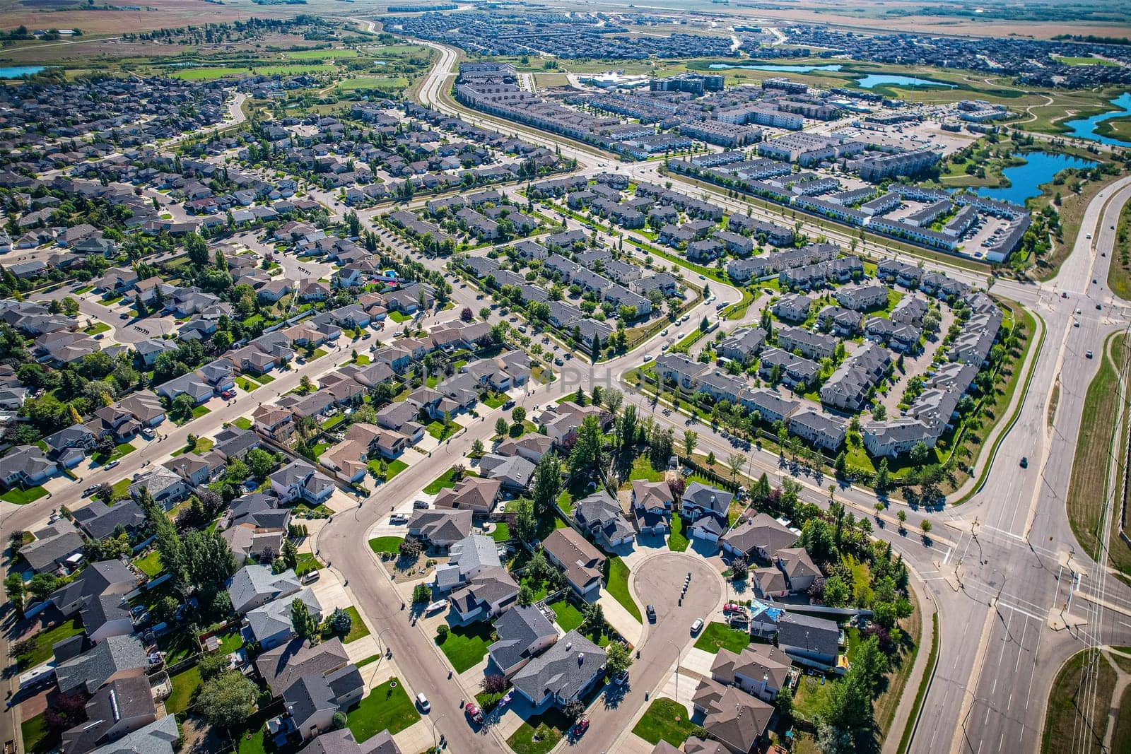 Aerial view of Briarwood which is a residential neighbourhood located in the southeast part of Saskatoon, Saskatchewan, Canada. The majority of its residents live in low-density, single detached dwellings.