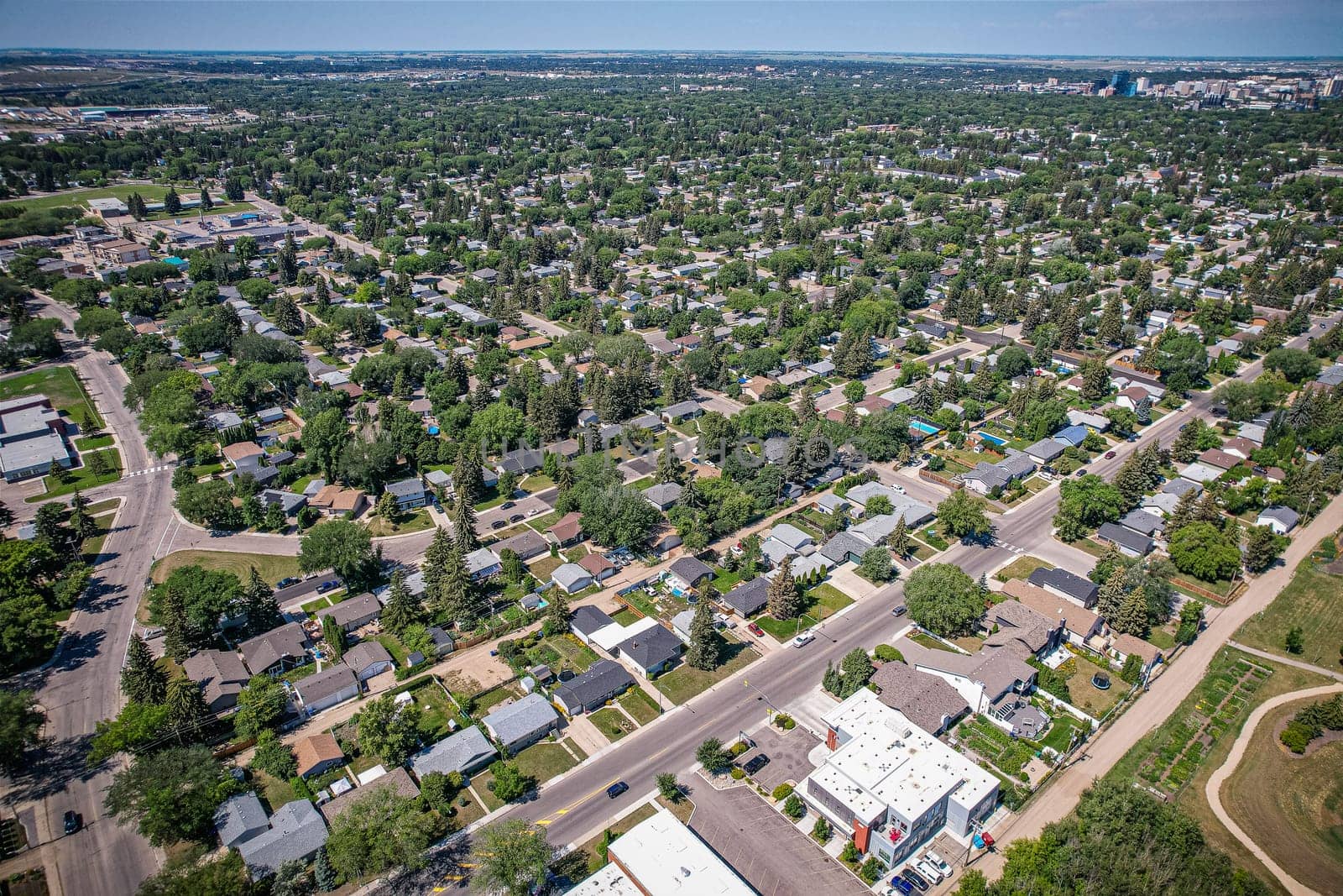 Aerial View of Avalon which is a mostly residential neighbourhood located in south-central Saskatoon, Saskatchewan, Canada. It is a suburban subdivision, consisting mostly of low-density, single detached dwellings. As of 2007, the area is home to 3,214 residents.