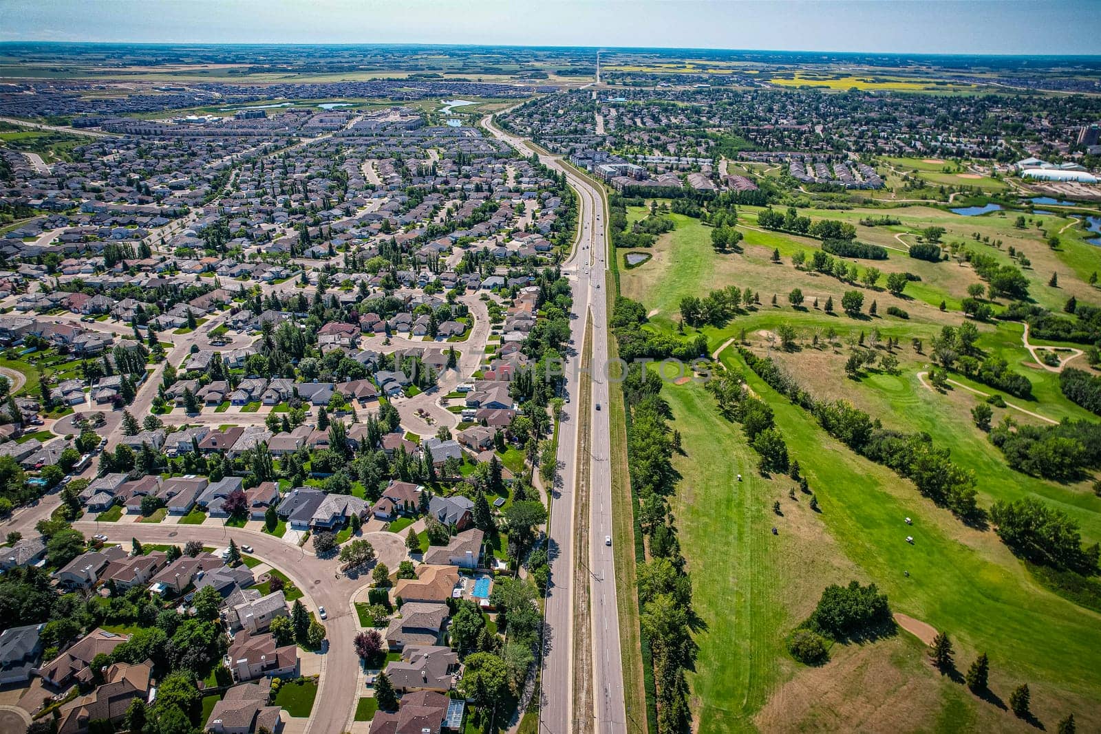Aerial view of Briarwood which is a residential neighbourhood located in the southeast part of Saskatoon, Saskatchewan, Canada. The majority of its residents live in low-density, single detached dwellings.