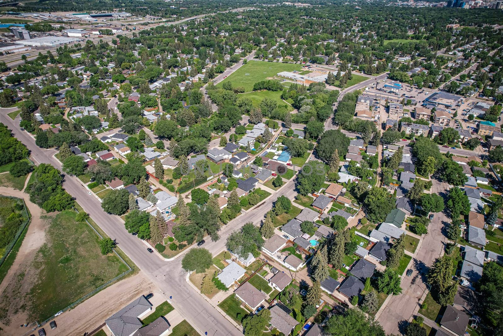 Aerial View of Avalon which is a mostly residential neighbourhood located in south-central Saskatoon, Saskatchewan, Canada. It is a suburban subdivision, consisting mostly of low-density, single detached dwellings. As of 2007, the area is home to 3,214 residents.