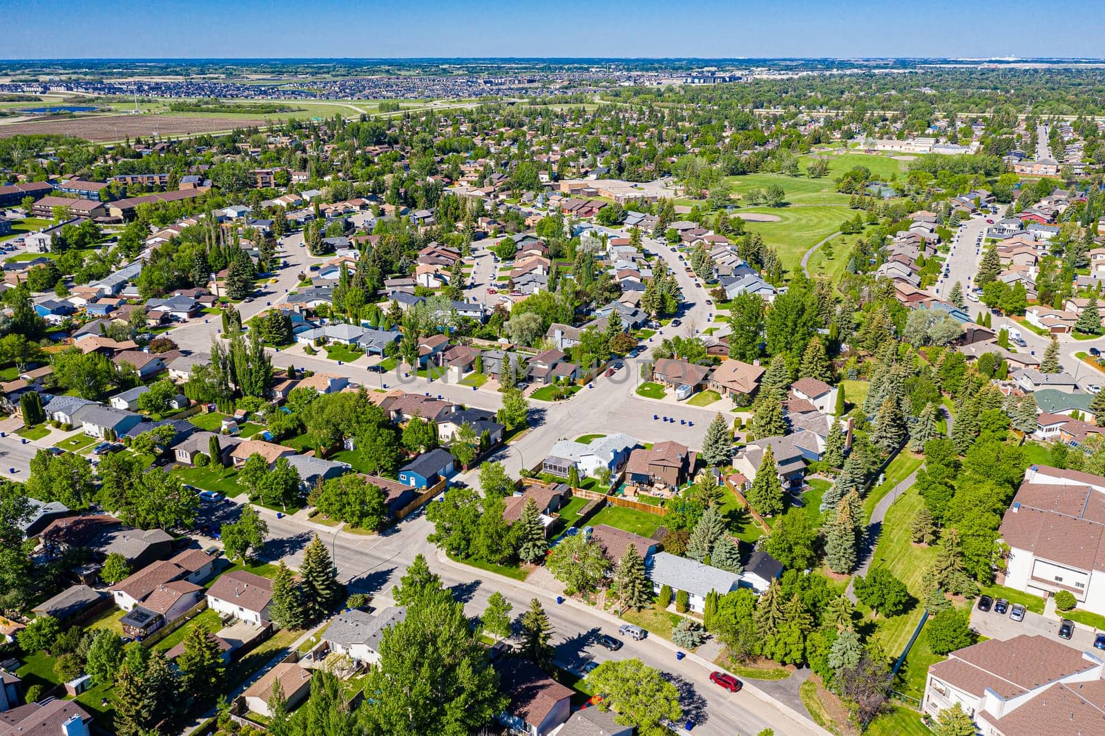 Aerial view of the Lakeview neighborhood of Saskatoon. June 11, 2020