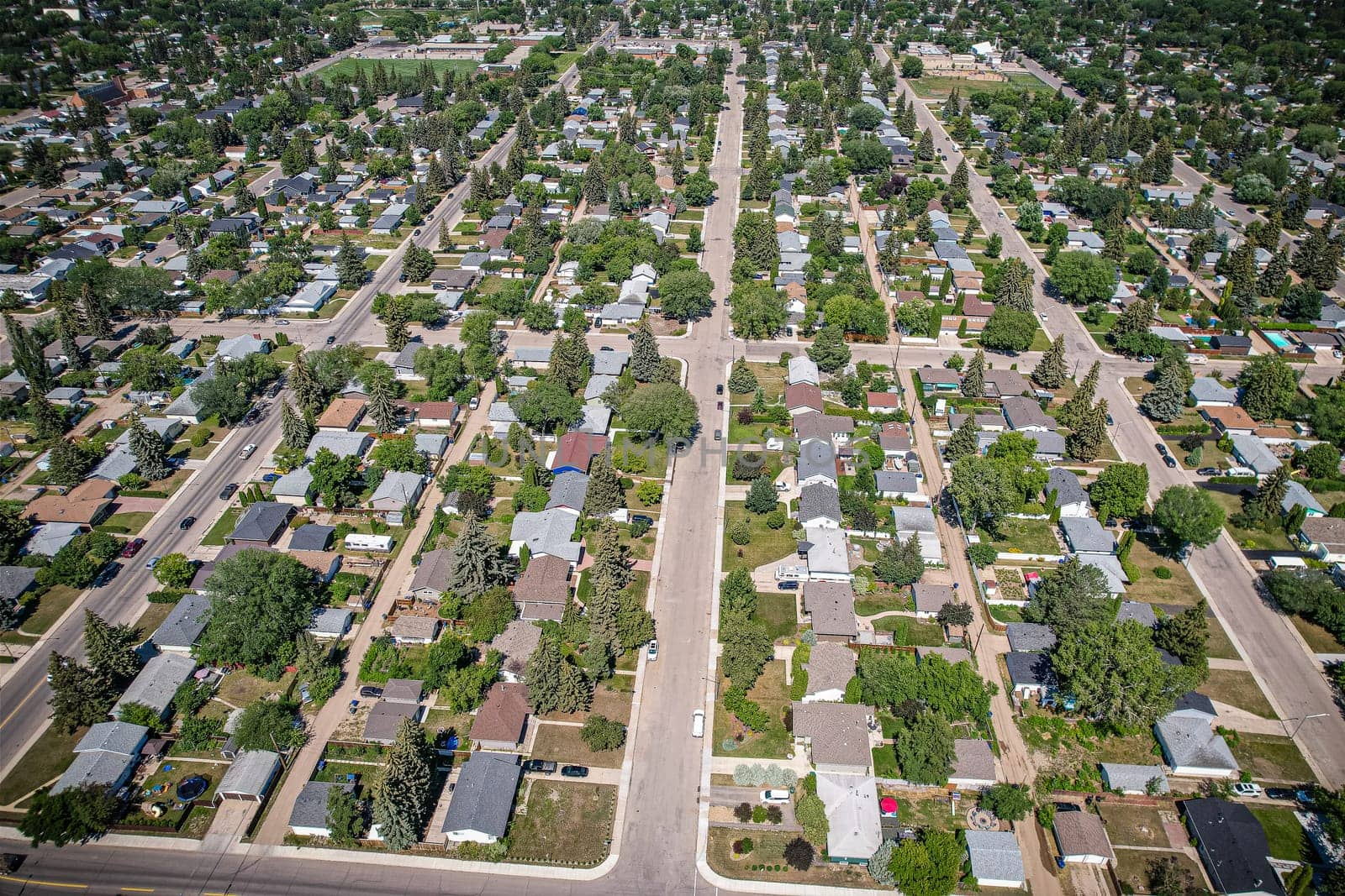 Aerial view of Adelaide Churchill which is a mostly residential neighbourhood located in south-central Saskatoon, Saskatchewan, Canada. It is a suburban subdivision, consisting mostly of low-density, single detached dwellings. As of 2009, the area is home to 3,445 residents.