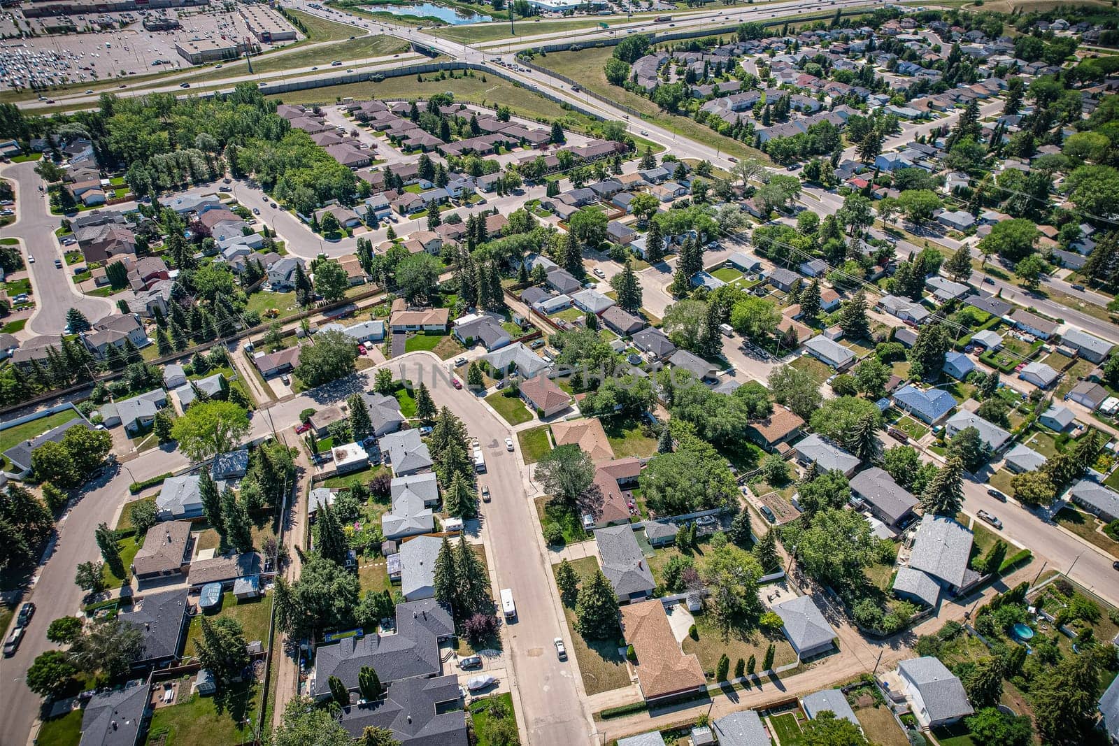 Aerial view of Adelaide Churchill which is a mostly residential neighbourhood located in south-central Saskatoon, Saskatchewan, Canada. It is a suburban subdivision, consisting mostly of low-density, single detached dwellings. As of 2009, the area is home to 3,445 residents.