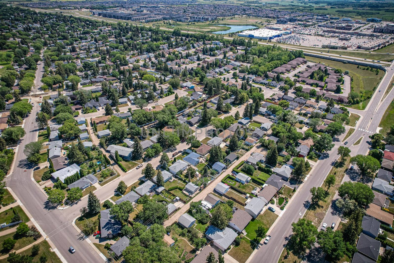 Aerial view of Adelaide Churchill which is a mostly residential neighbourhood located in south-central Saskatoon, Saskatchewan, Canada. It is a suburban subdivision, consisting mostly of low-density, single detached dwellings. As of 2009, the area is home to 3,445 residents.