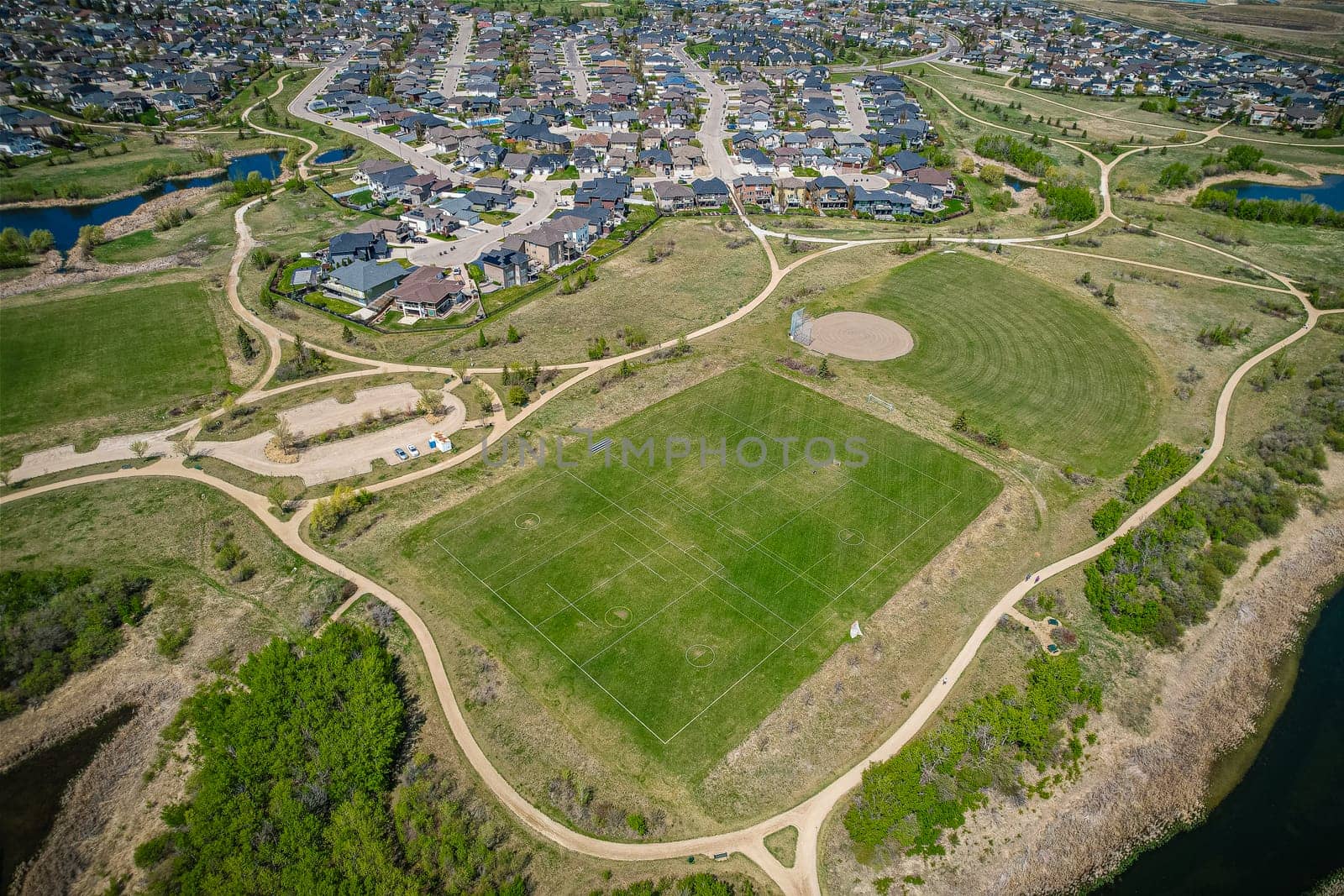 Aerial view of Briarwood which is a residential neighbourhood located in the southeast part of Saskatoon, Saskatchewan, Canada. The majority of its residents live in low-density, single detached dwellings.