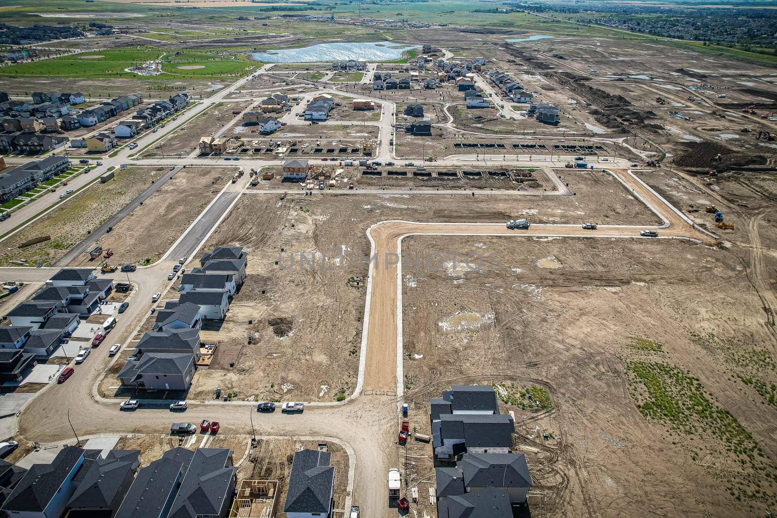 Aerial view of Brighton which is a neighbourhood in Saskatoon, Saskatchewan, and is the first of several communities planned for the Holmwood Suburban Development Area on the east side of the city.