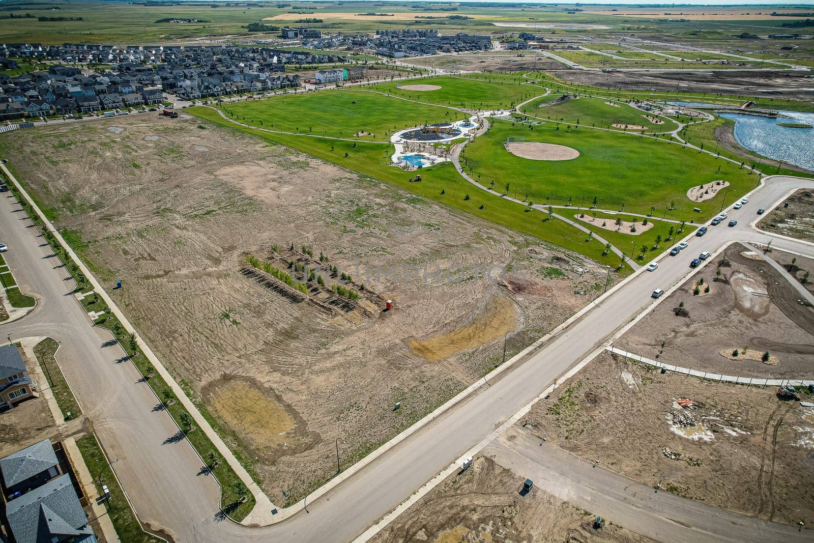 Aerial view of Brighton which is a neighbourhood in Saskatoon, Saskatchewan, and is the first of several communities planned for the Holmwood Suburban Development Area on the east side of the city.