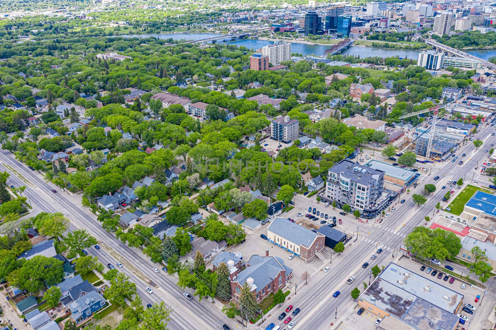 Aerial view of the Nutana neighborhood of Saskatoon. June 10, 2020