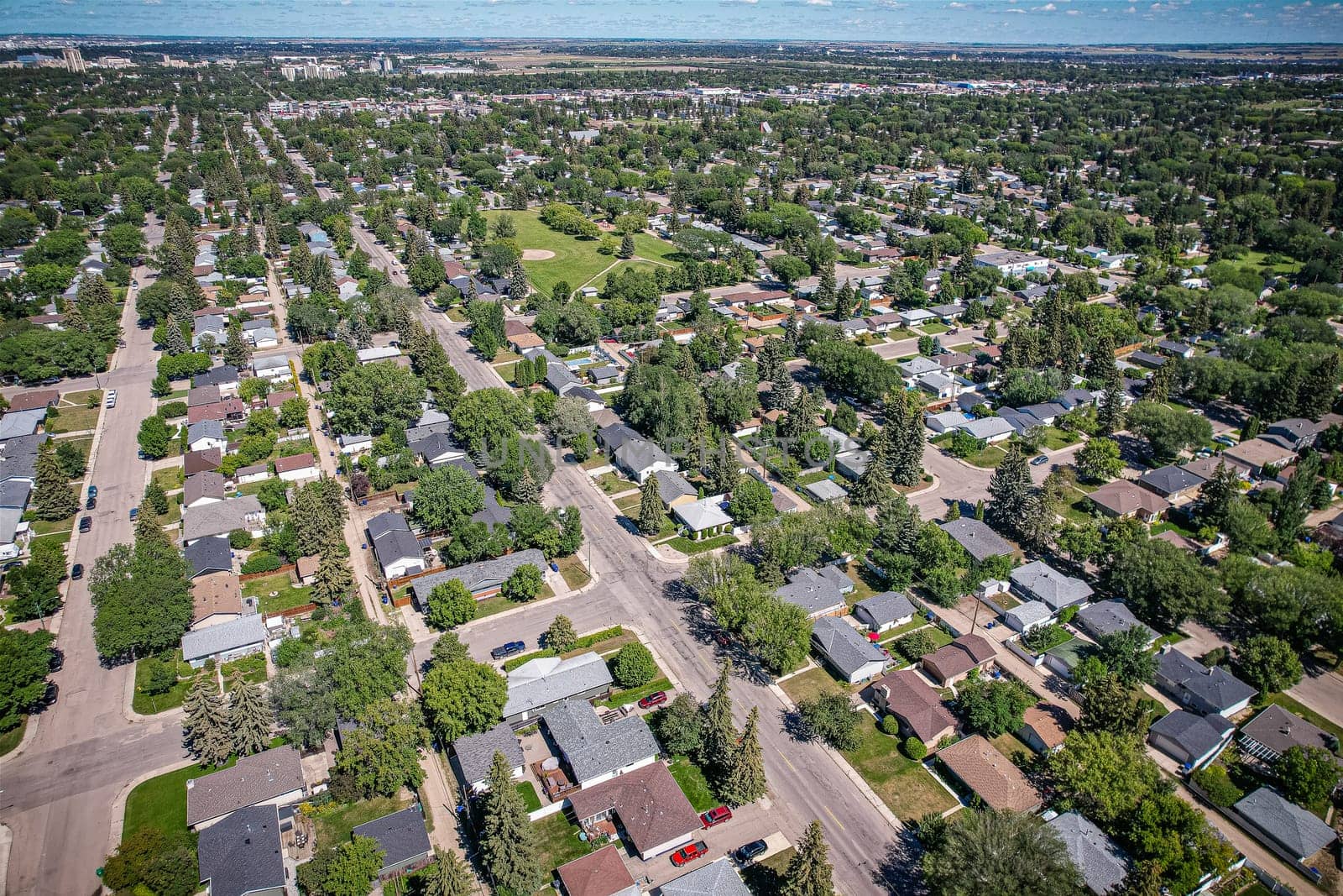 Aerial view of Adelaide Churchill which is a mostly residential neighbourhood located in south-central Saskatoon, Saskatchewan, Canada. It is a suburban subdivision, consisting mostly of low-density, single detached dwellings. As of 2009, the area is home to 3,445 residents.