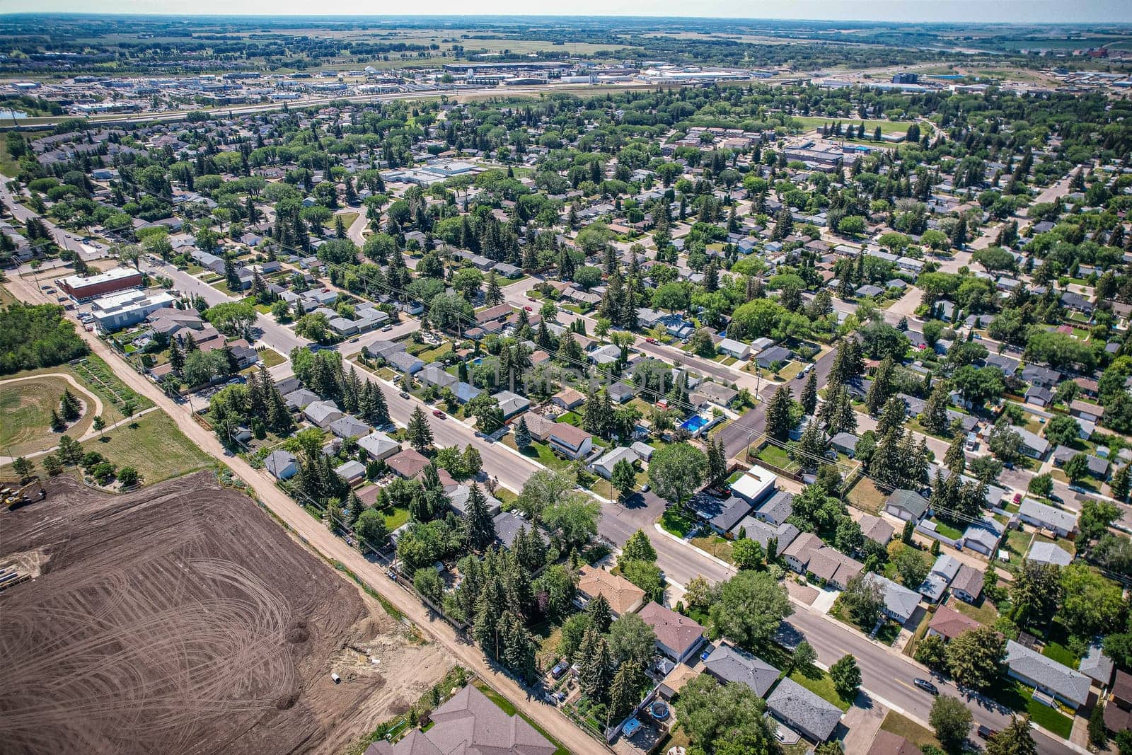 Aerial view of Adelaide Churchill which is a mostly residential neighborhood located in Saskatoon, Saskatchewan, Canada. It is a suburban subdivision, consisting mostly of single detached dwellings.