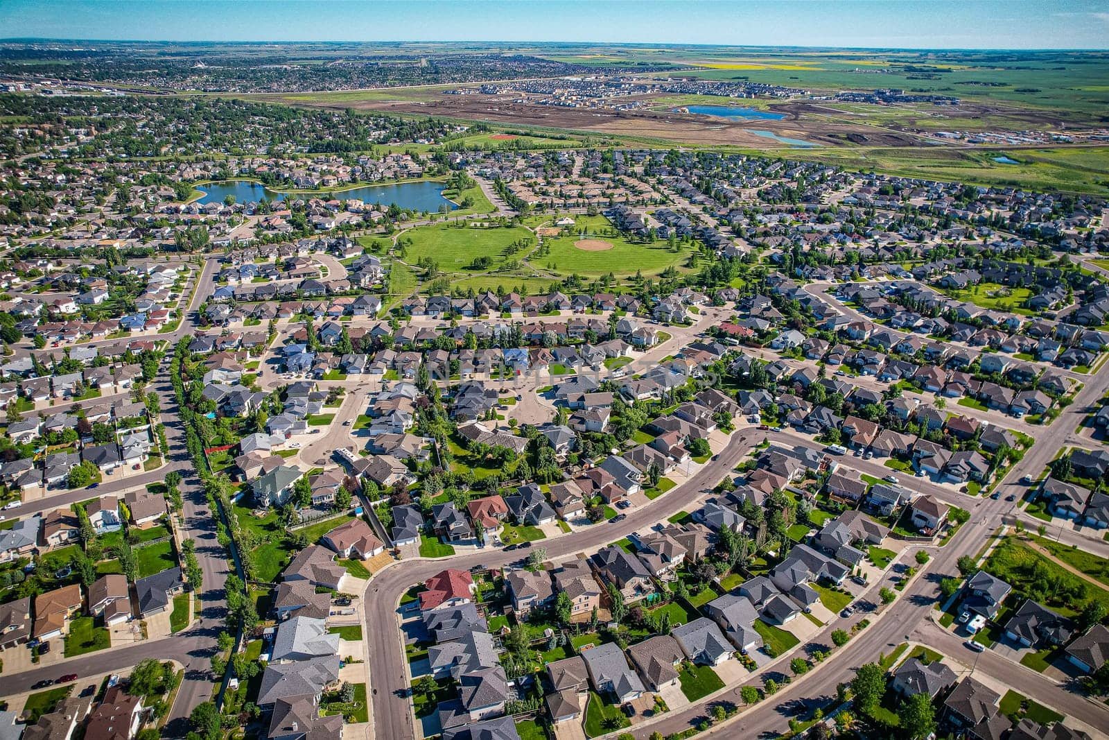 Aerial view of Briarwood which is a residential neighbourhood located in the southeast part of Saskatoon, Saskatchewan, Canada. The majority of its residents live in low-density, single detached dwellings.