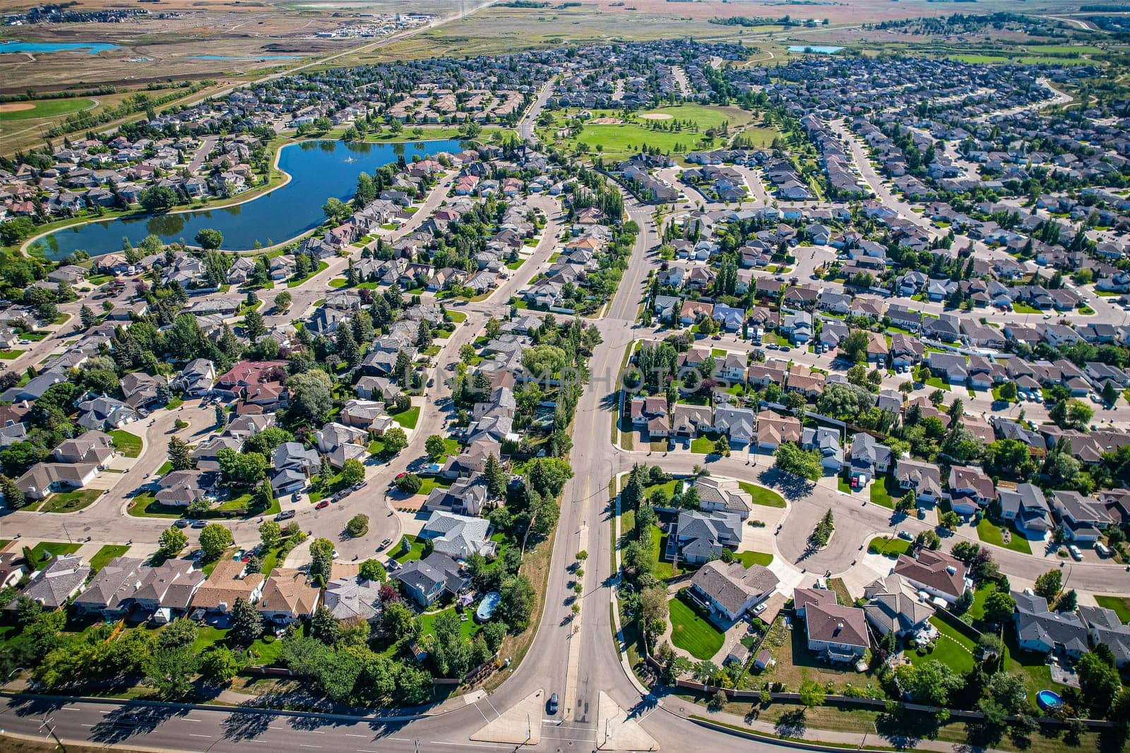 Aerial view of Briarwood which is a residential neighbourhood located in the southeast part of Saskatoon, Saskatchewan, Canada. The majority of its residents live in low-density, single detached dwellings.