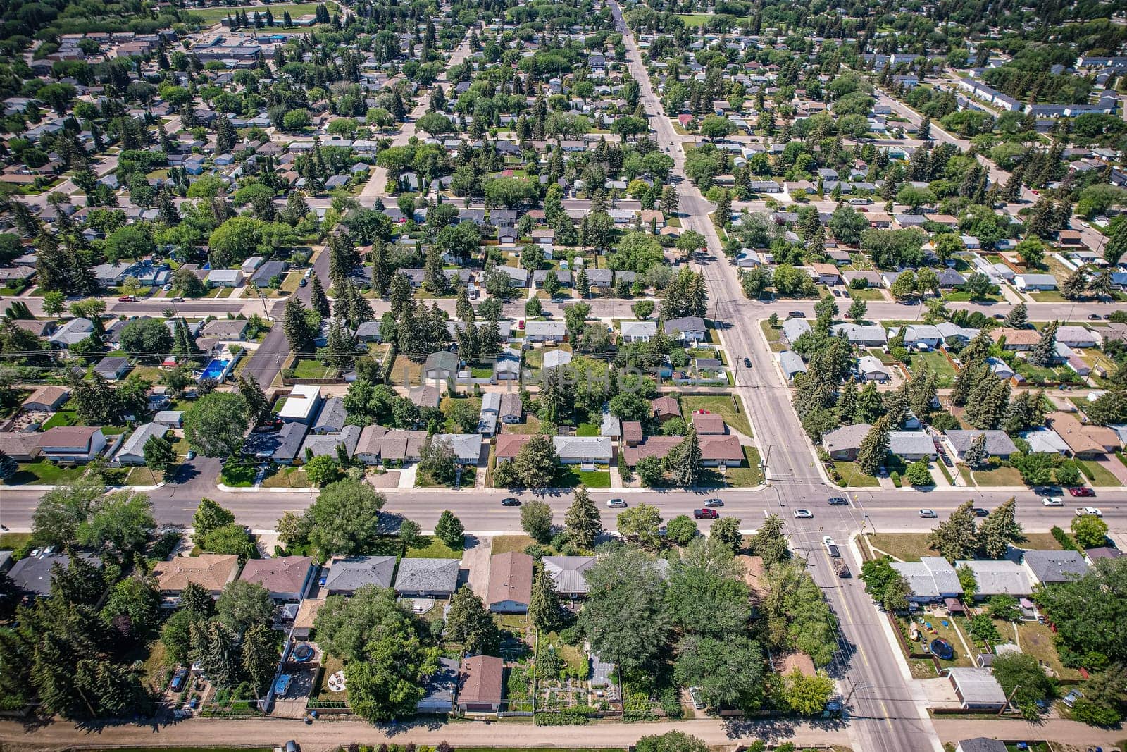 Aerial view of Adelaide Churchill which is a mostly residential neighborhood located in Saskatoon, Saskatchewan, Canada. It is a suburban subdivision, consisting mostly of single detached dwellings.