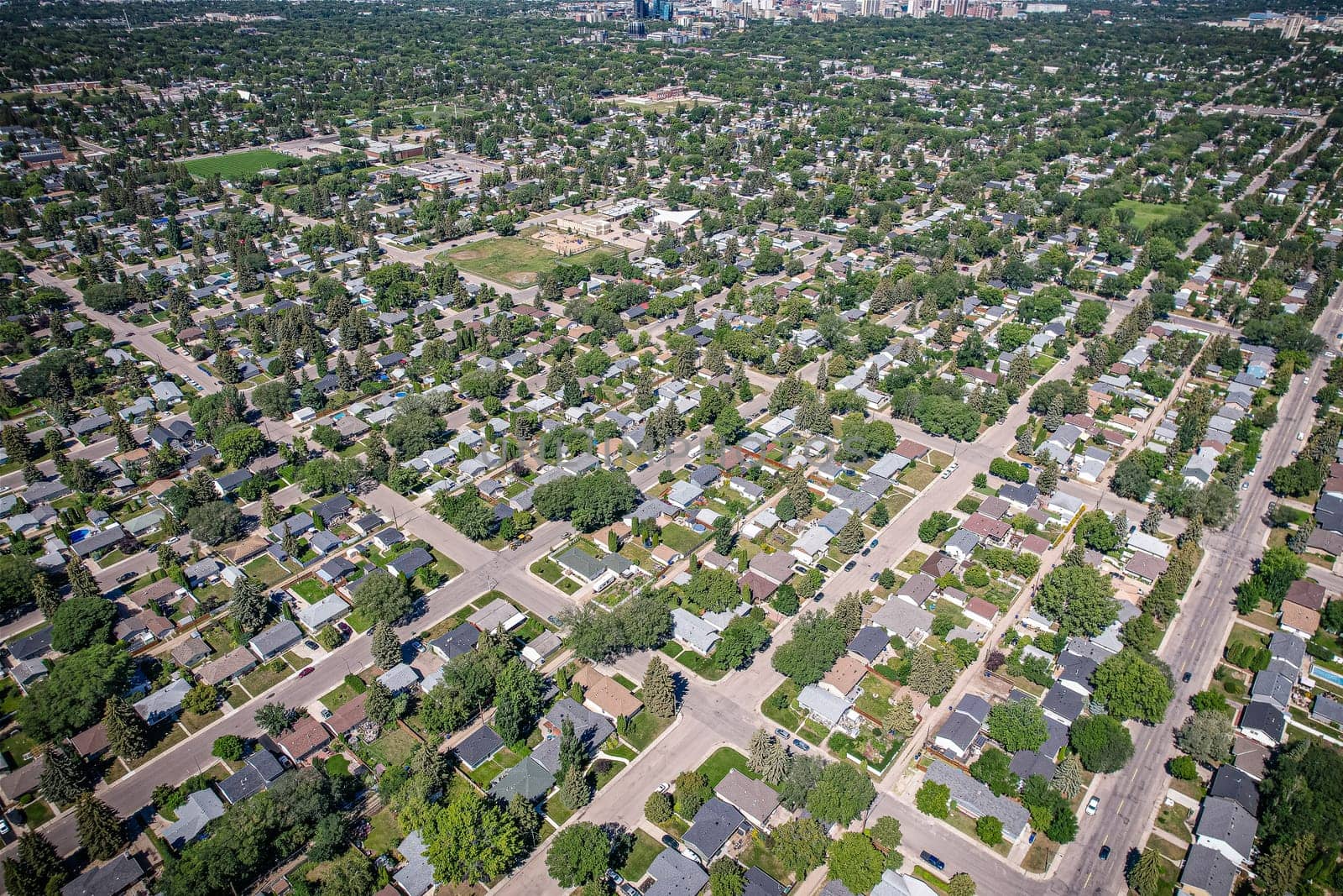 Aerial view of Adelaide Churchill which is a mostly residential neighbourhood located in south-central Saskatoon, Saskatchewan, Canada. It is a suburban subdivision, consisting mostly of low-density, single detached dwellings. As of 2009, the area is home to 3,445 residents.