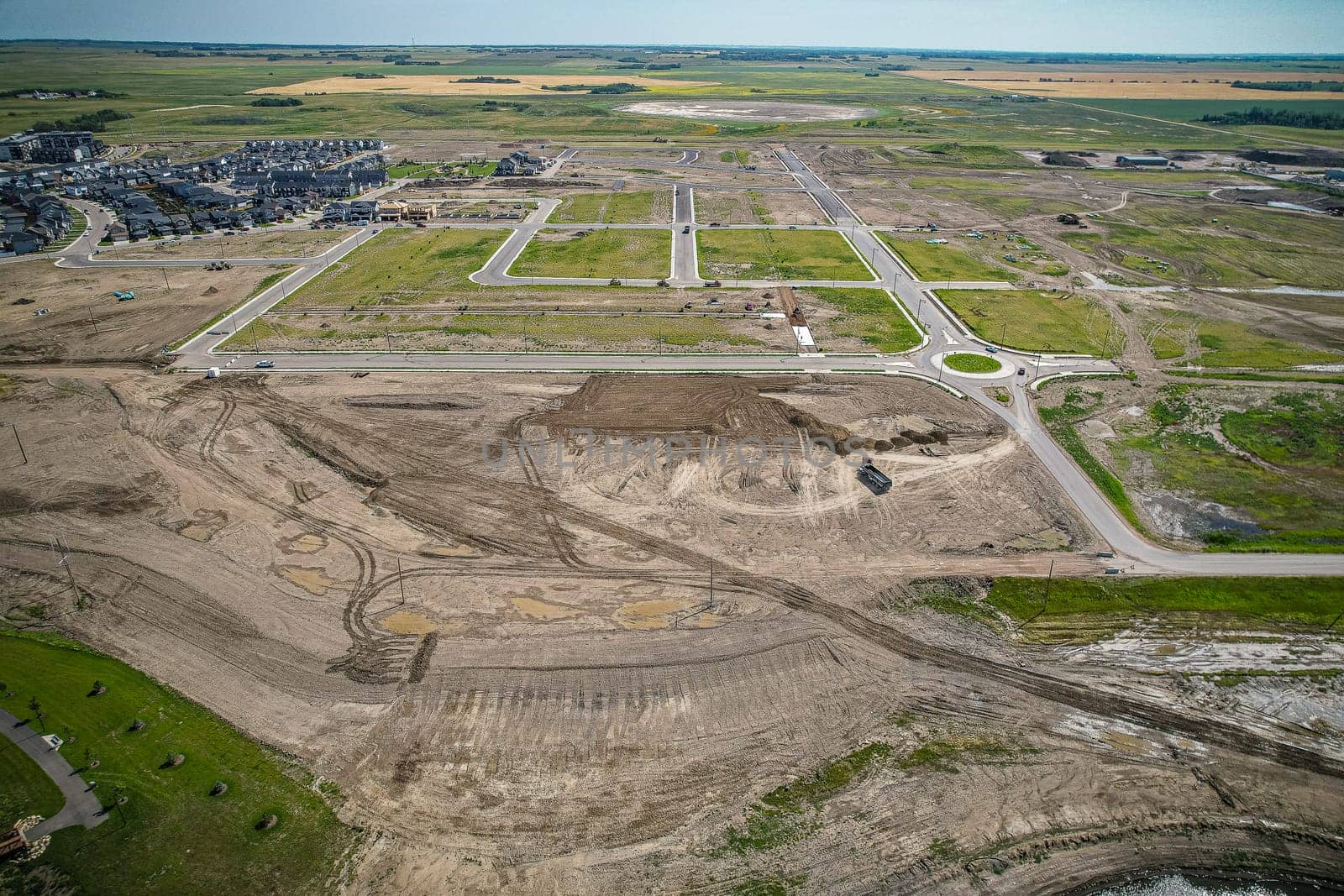 Aerial view of Brighton which is a neighbourhood in Saskatoon, Saskatchewan, and is the first of several communities planned for the Holmwood Suburban Development Area on the east side of the city.