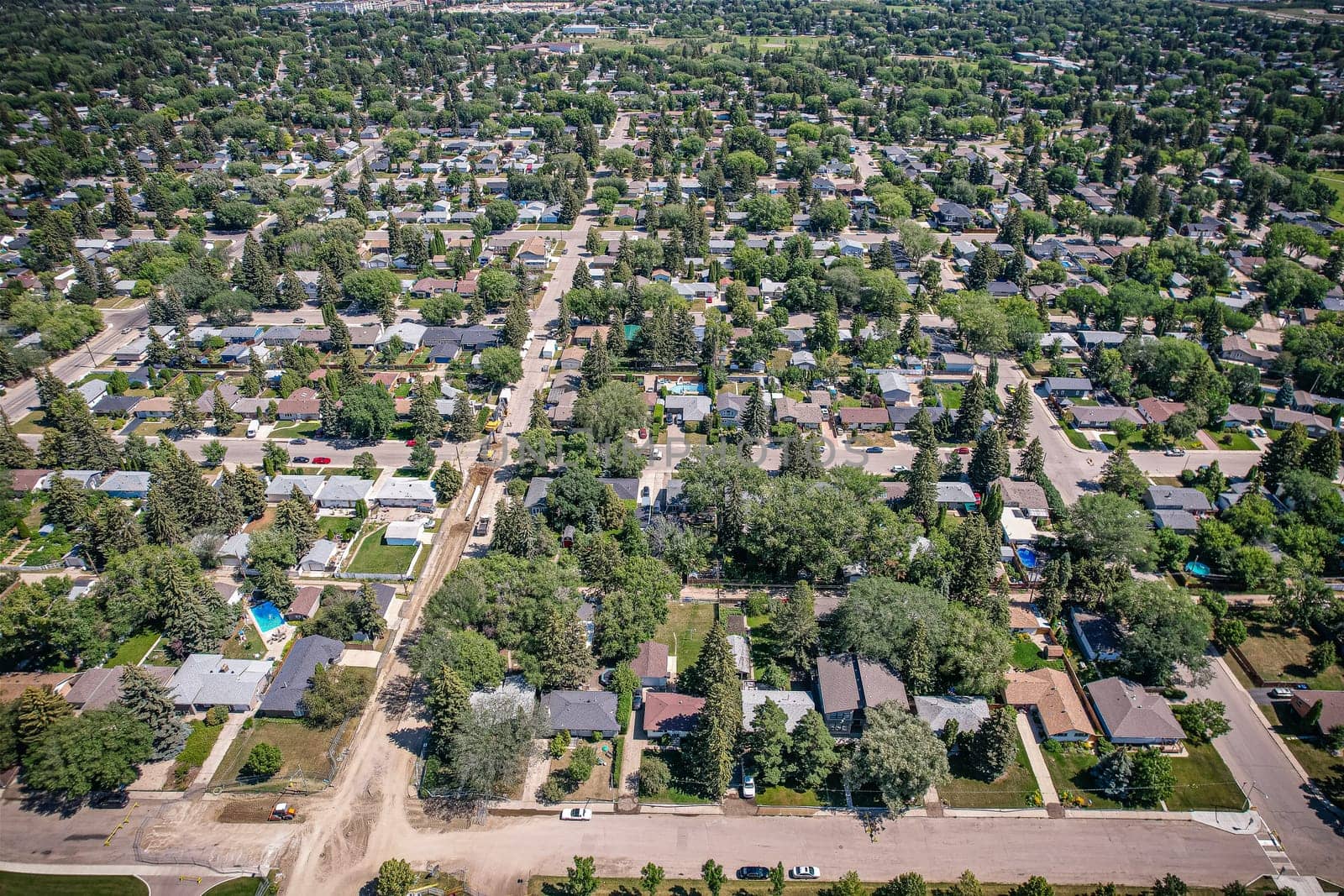 Aerial view of Adelaide Churchill which is a mostly residential neighbourhood located in south-central Saskatoon, Saskatchewan, Canada. It is a suburban subdivision, consisting mostly of low-density, single detached dwellings. As of 2009, the area is home to 3,445 residents.