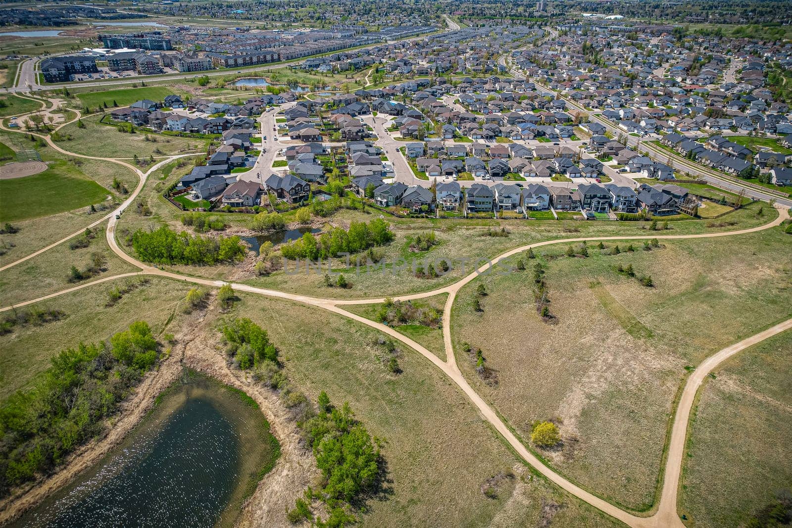 Aerial view of Briarwood which is a residential neighbourhood located in the southeast part of Saskatoon, Saskatchewan, Canada. The majority of its residents live in low-density, single detached dwellings.