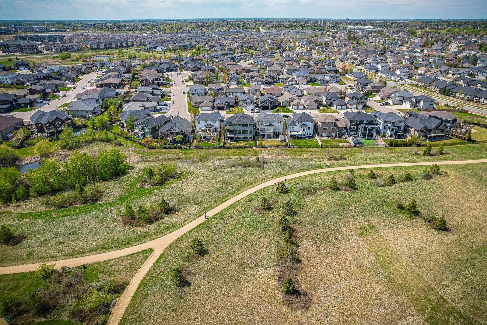 Aerial view of Briarwood which is a residential neighbourhood located in the southeast part of Saskatoon, Saskatchewan, Canada. The majority of its residents live in low-density, single detached dwellings.