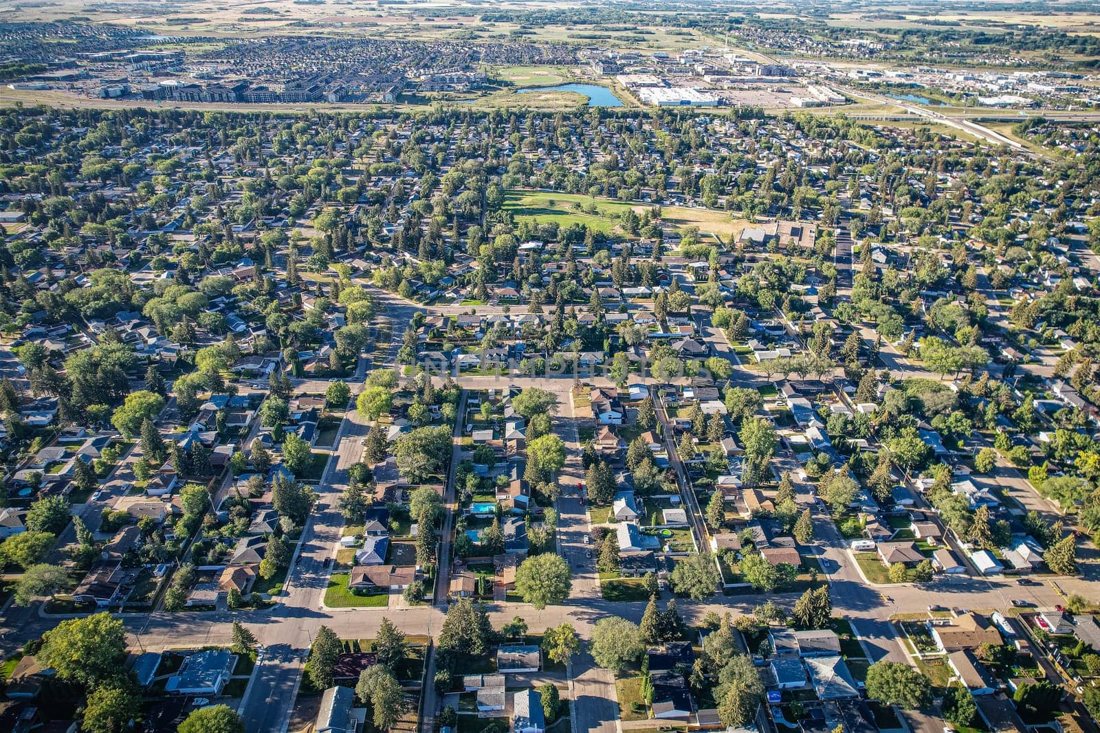 Aerial view of Adelaide Churchill which is a mostly residential neighbourhood located in south-central Saskatoon, Saskatchewan, Canada. It is a suburban subdivision, consisting mostly of low-density, single detached dwellings. As of 2009, the area is home to 3,445 residents.