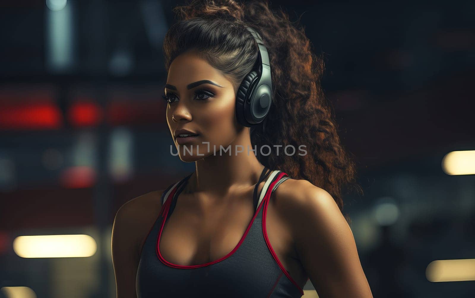 Beautiful latin american girl fitness coach. A young athletic woman listens to music on headphones and gets ready for workout. Healthy lifestyle. AI