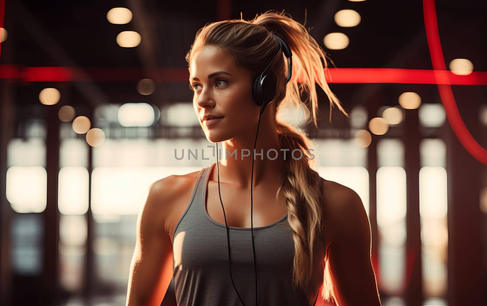Beautiful braided blonde hair girl fitness coach. A young athletic woman listens to music on headphones and gets ready for workout. Healthy lifestyle. AI