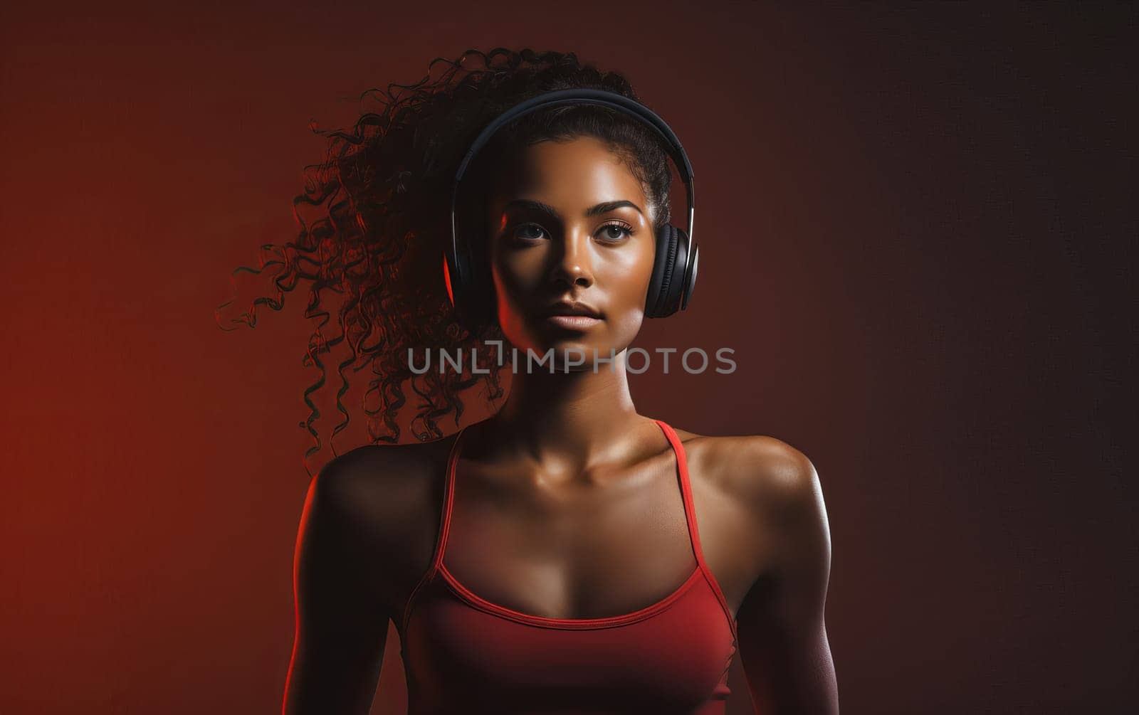 Beautiful African American girl runner in red top. Young athletic woman on red background isolated. Healthy lifestyle. AI