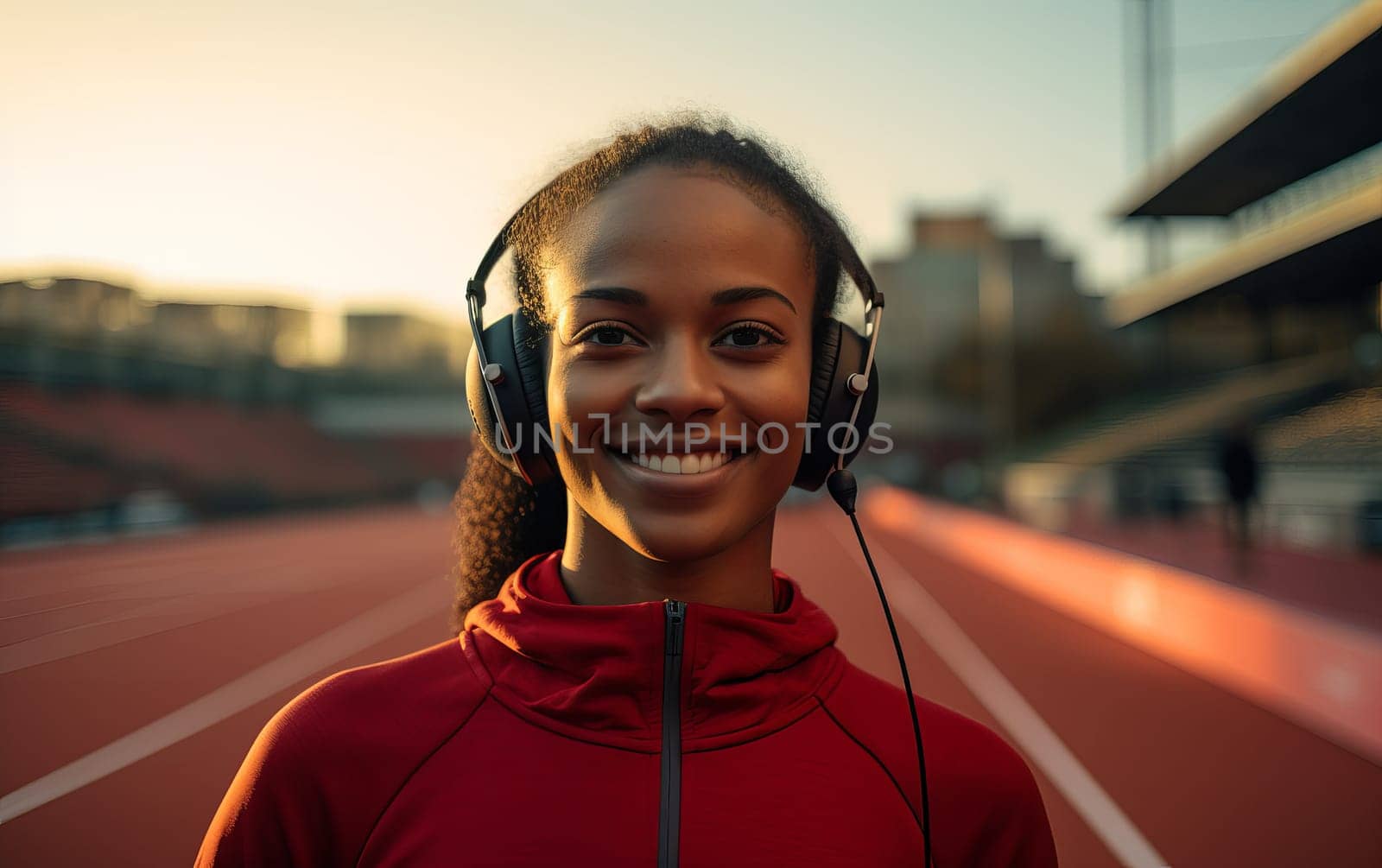 Beautiful African American girl runner at stadium. Young athletic woman listens to music and gets ready for a cardio workout. Healthy lifestyle, concept of a beautiful and healthy body. AI