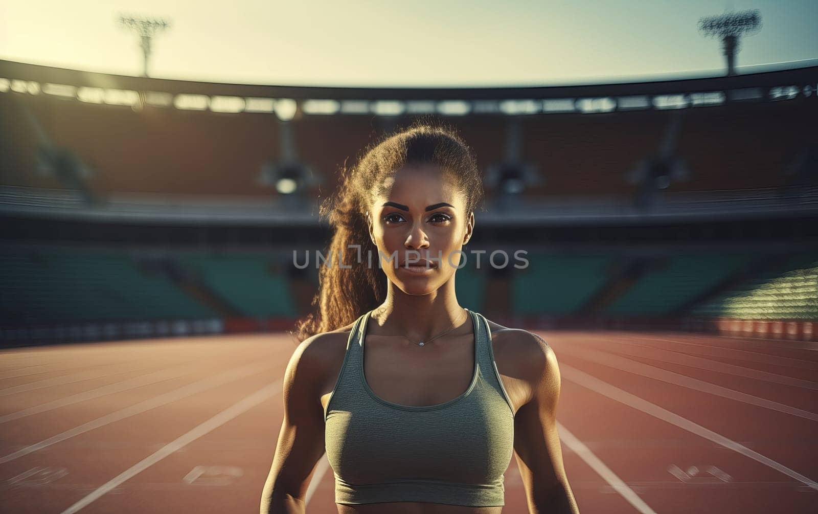 Beautiful African American girl runner at stadium. Young athletic woman gets ready for a cardio workout. Healthy lifestyle, concept of a beautiful and healthy body. AI