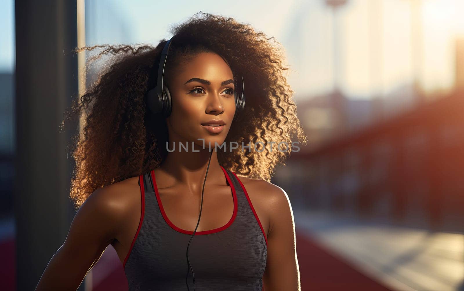 Beautiful African American girl runner at stadium. Young athletic woman listens to music and gets ready for a cardio workout. Healthy lifestyle, concept of a beautiful and healthy body. AI