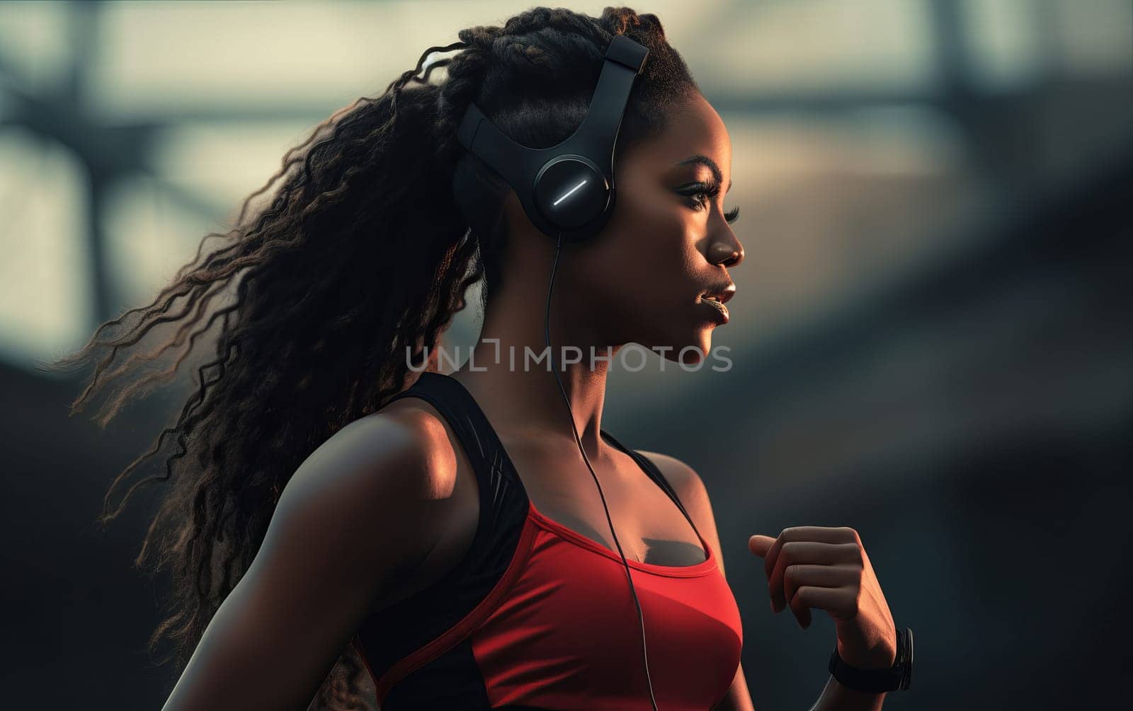 Beautiful African American girl runner at stadium. Young athletic woman listens to music and gets ready for a cardio workout. Healthy lifestyle, concept of a beautiful and healthy body. AI