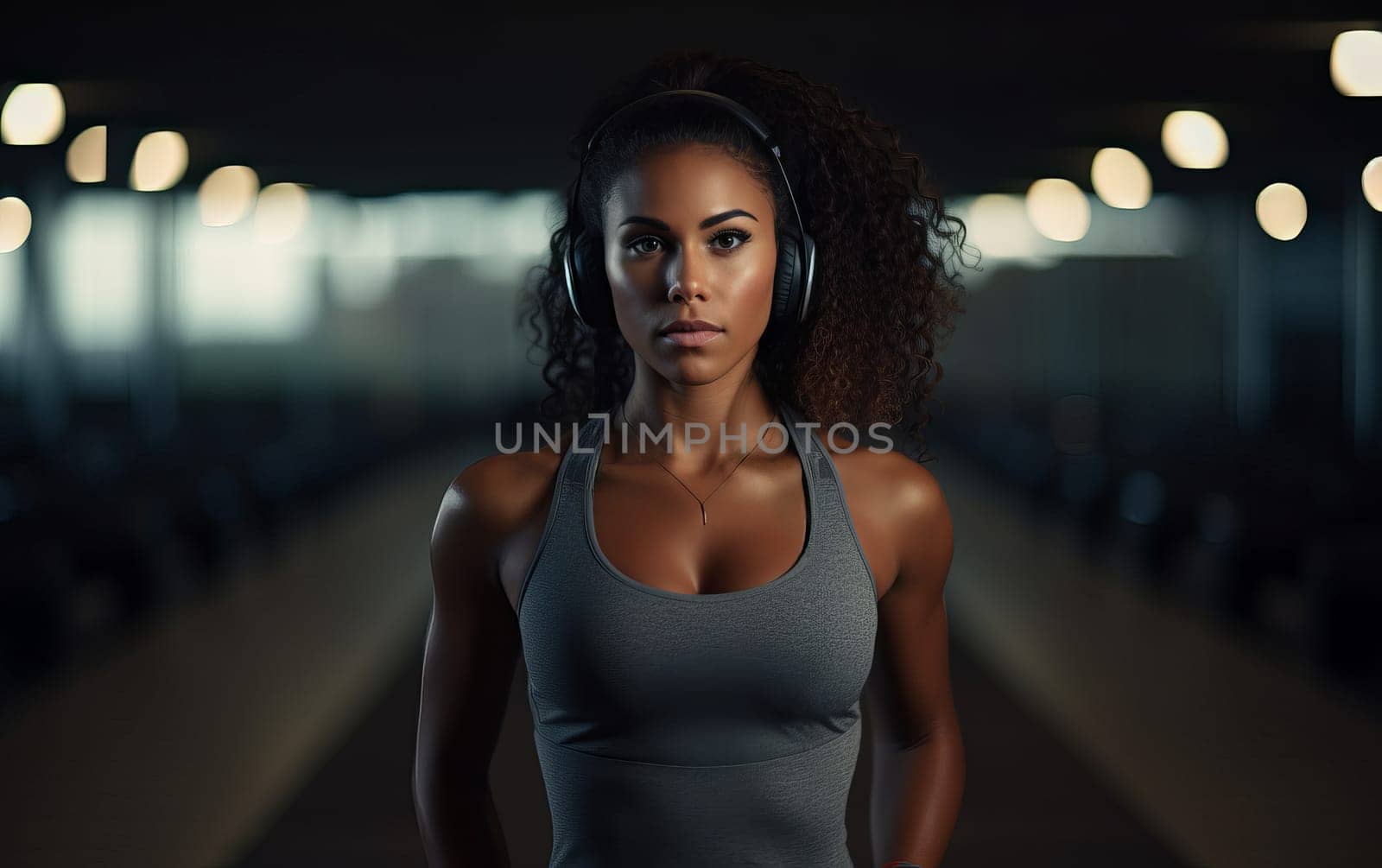 Beautiful African american girl fitness coach. A young athletic woman listens to music on headphones and gets ready for workout. Healthy lifestyle. AI