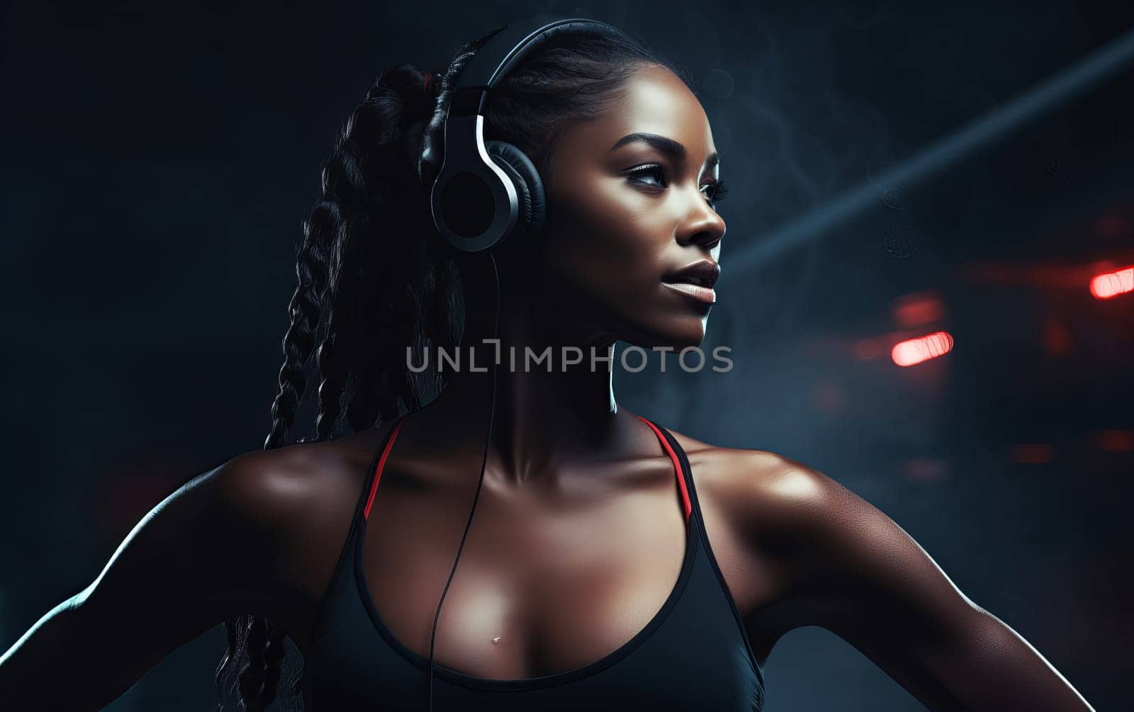 Beautiful African american girl fitness coach. A young athletic woman listens to music on headphones and gets ready for workout. Healthy lifestyle. AI