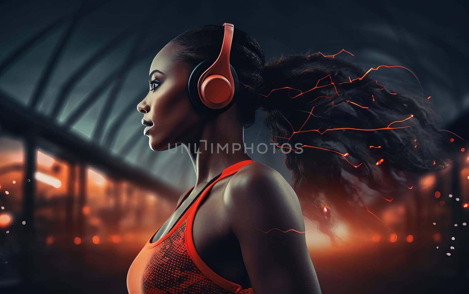 Beautiful African American girl runner in red top at stadium. Young athletic woman listens to music and gets ready for a cardio workout. Speedy very fast superhero woman with red lightning. AI