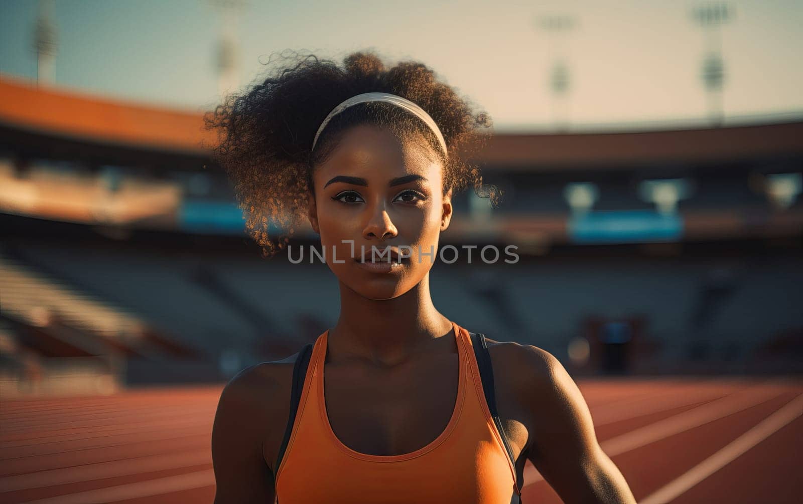 Beautiful African American girl runner at stadium. Young athletic woman gets ready for a cardio workout. Healthy lifestyle, concept of a beautiful and healthy body. AI