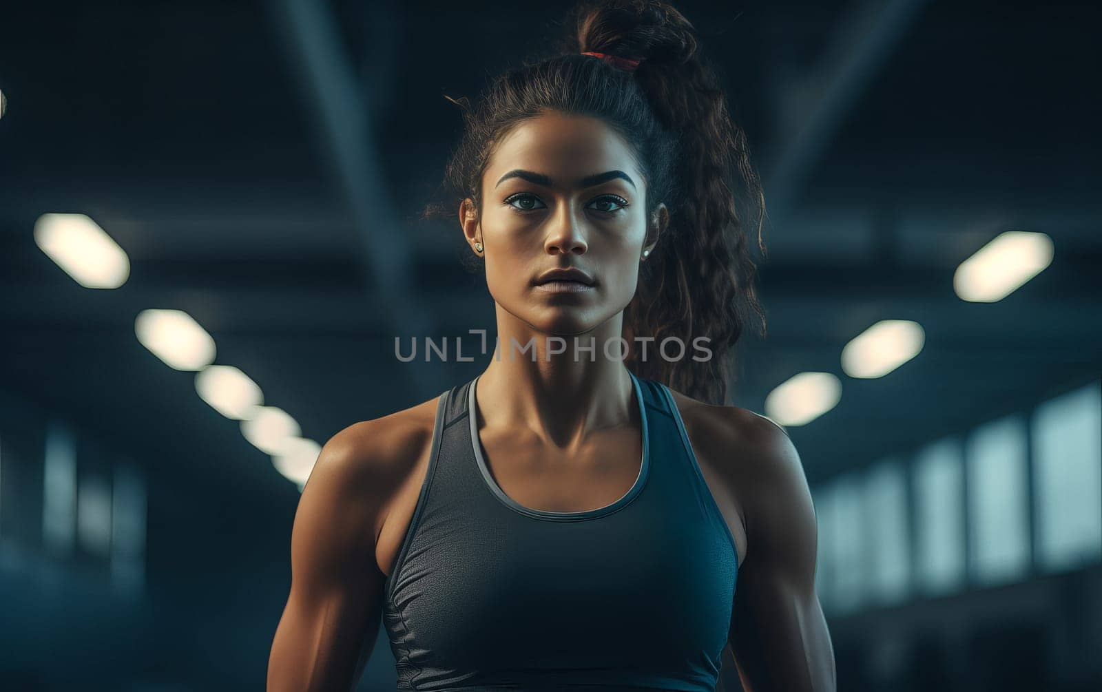 Beautiful latin american girl fitness coach. A young athletic woman gets ready for workout. Healthy lifestyle. AI