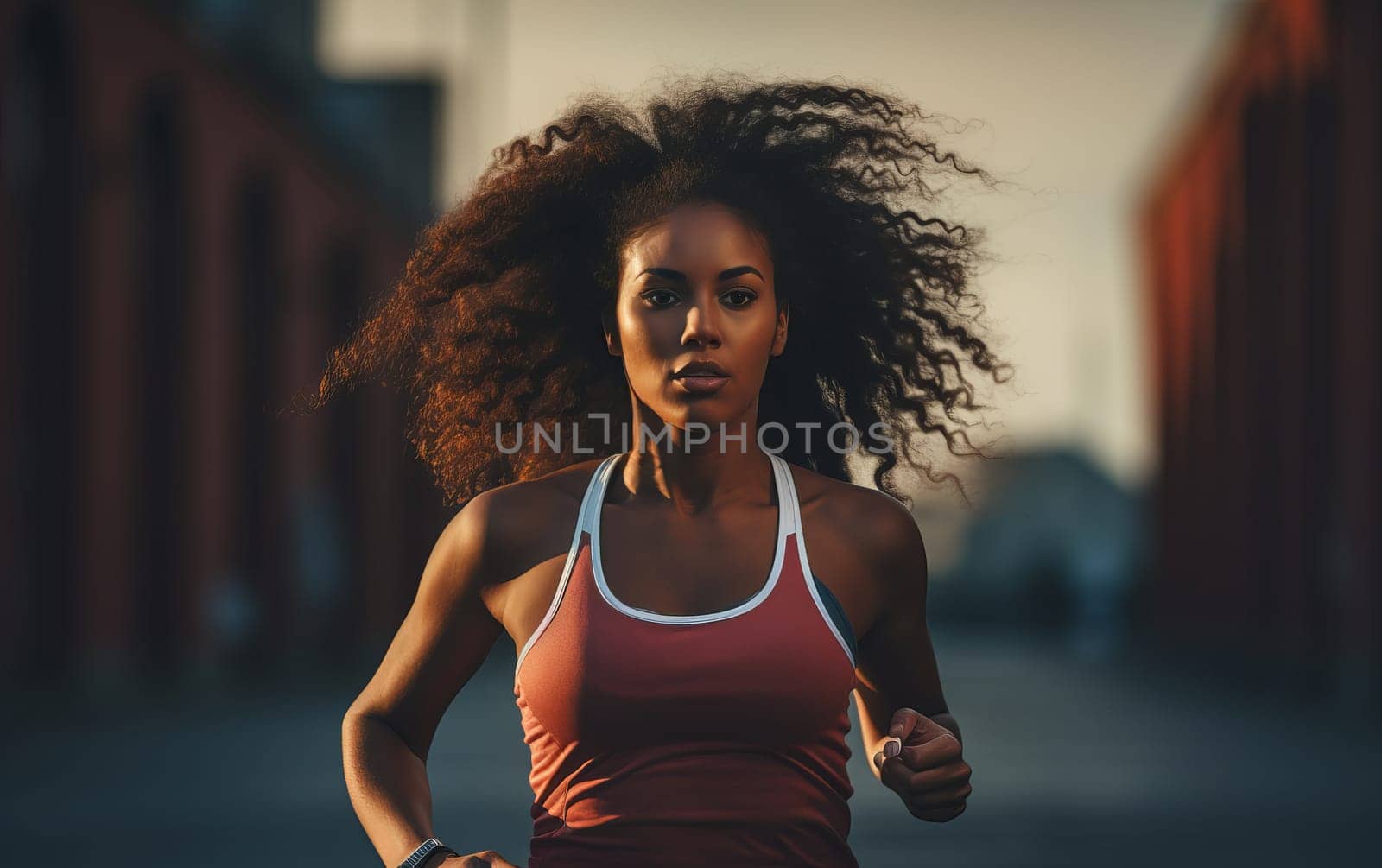 Beautiful African American girl runner at stadium. Young athletic woman gets ready for a cardio workout. Healthy lifestyle. AI