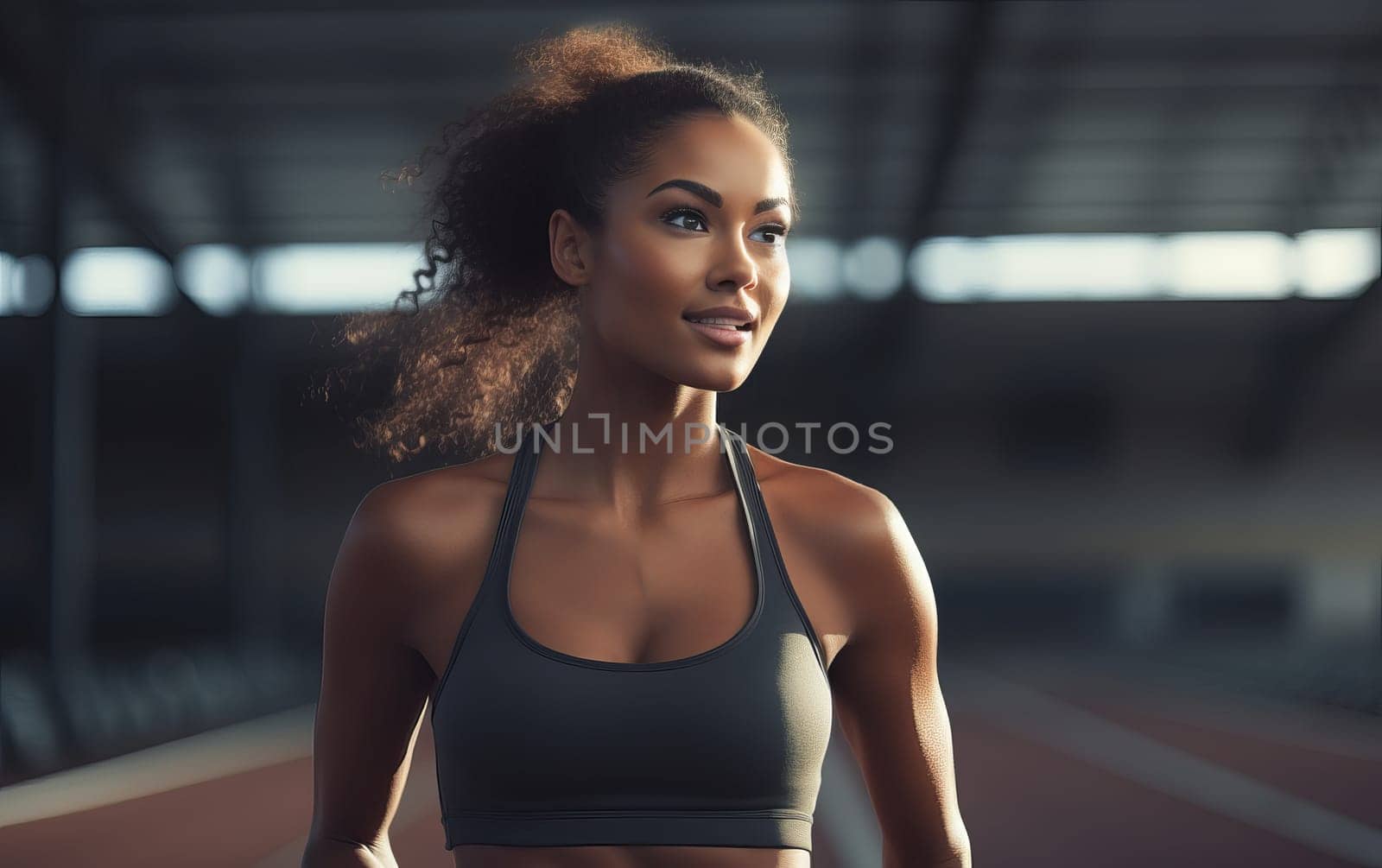 Beautiful African American girl runner at stadium. Young athletic woman gets ready for a cardio workout. Healthy lifestyle. AI