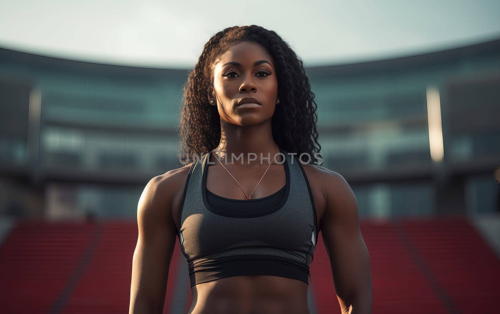 Beautiful African American girl runner at stadium. Young athletic woman gets ready for a cardio workout. Healthy lifestyle. AI