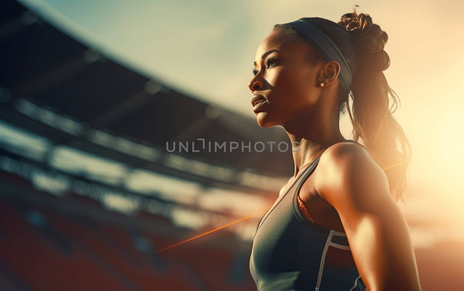 Beautiful African American girl runner at stadium. Young athletic woman gets ready for a cardio workout. Healthy lifestyle, concept of a beautiful and healthy body. AI