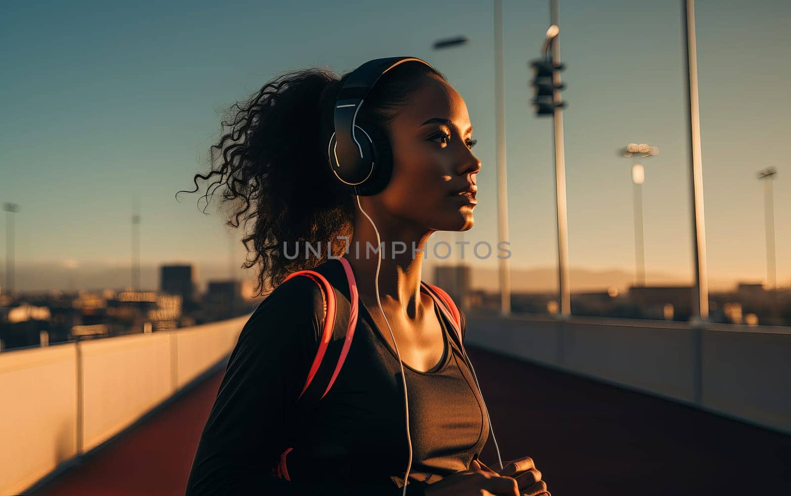 Beautiful African American girl runner outdoors. Young athletic woman runs near a road overpass and listens to music on headphones at sunset. Healthy lifestyle. AI