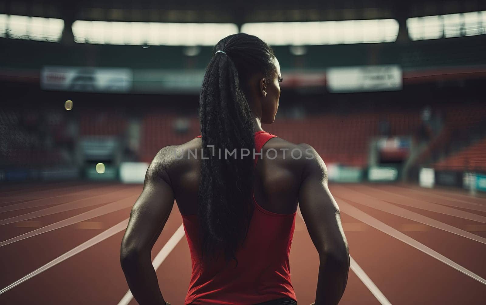 Beautiful African American girl runner at stadium. Young athletic woman gets ready for a cardio workout back view. Healthy lifestyle. AI