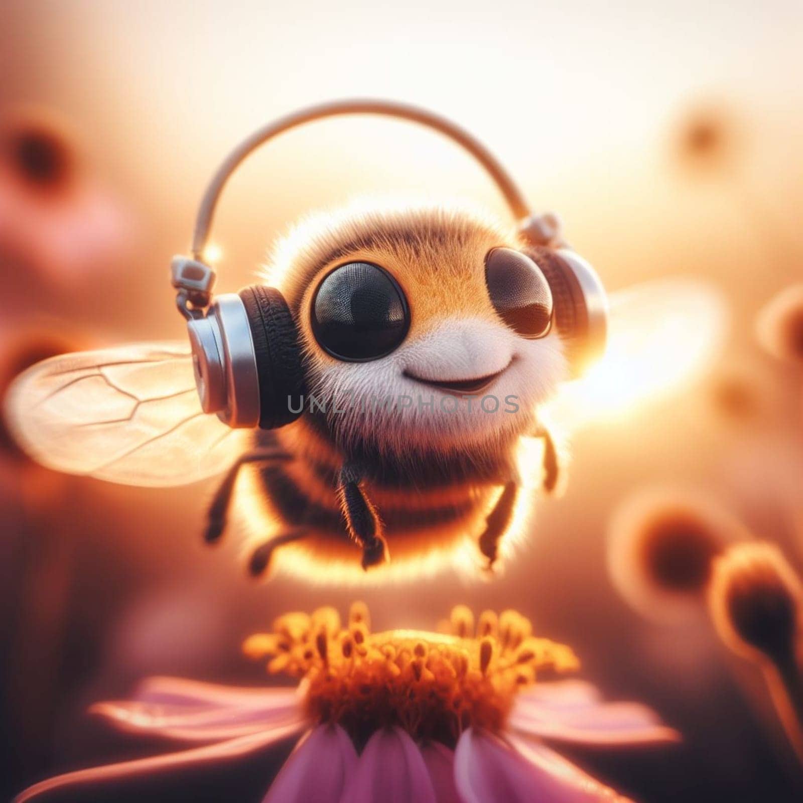 bee pollinize flower at sunrise macro close up shot generative ai art