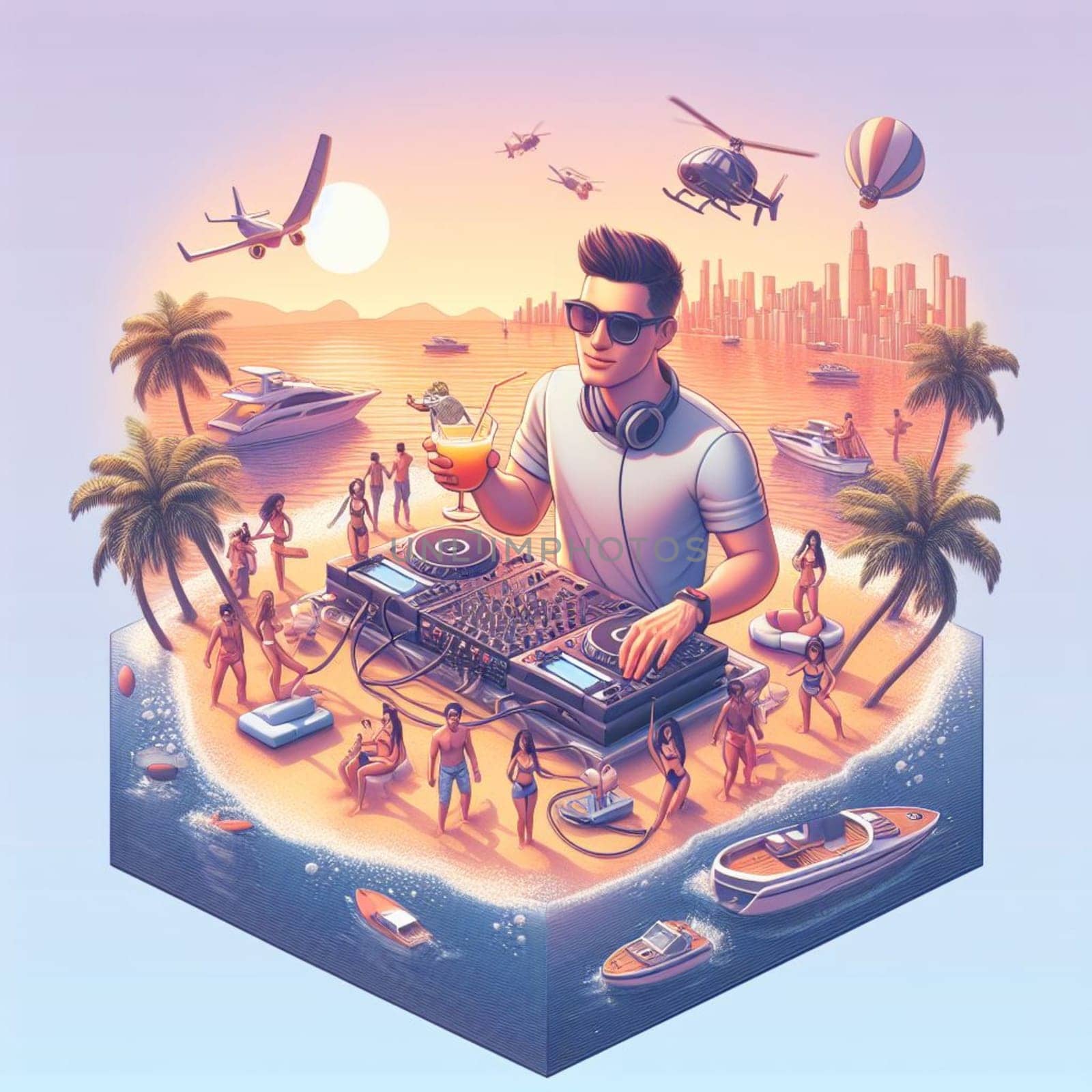 young deejay, wear glasses earphone hosting dj set at crowded beach party tropical island isometric by verbano