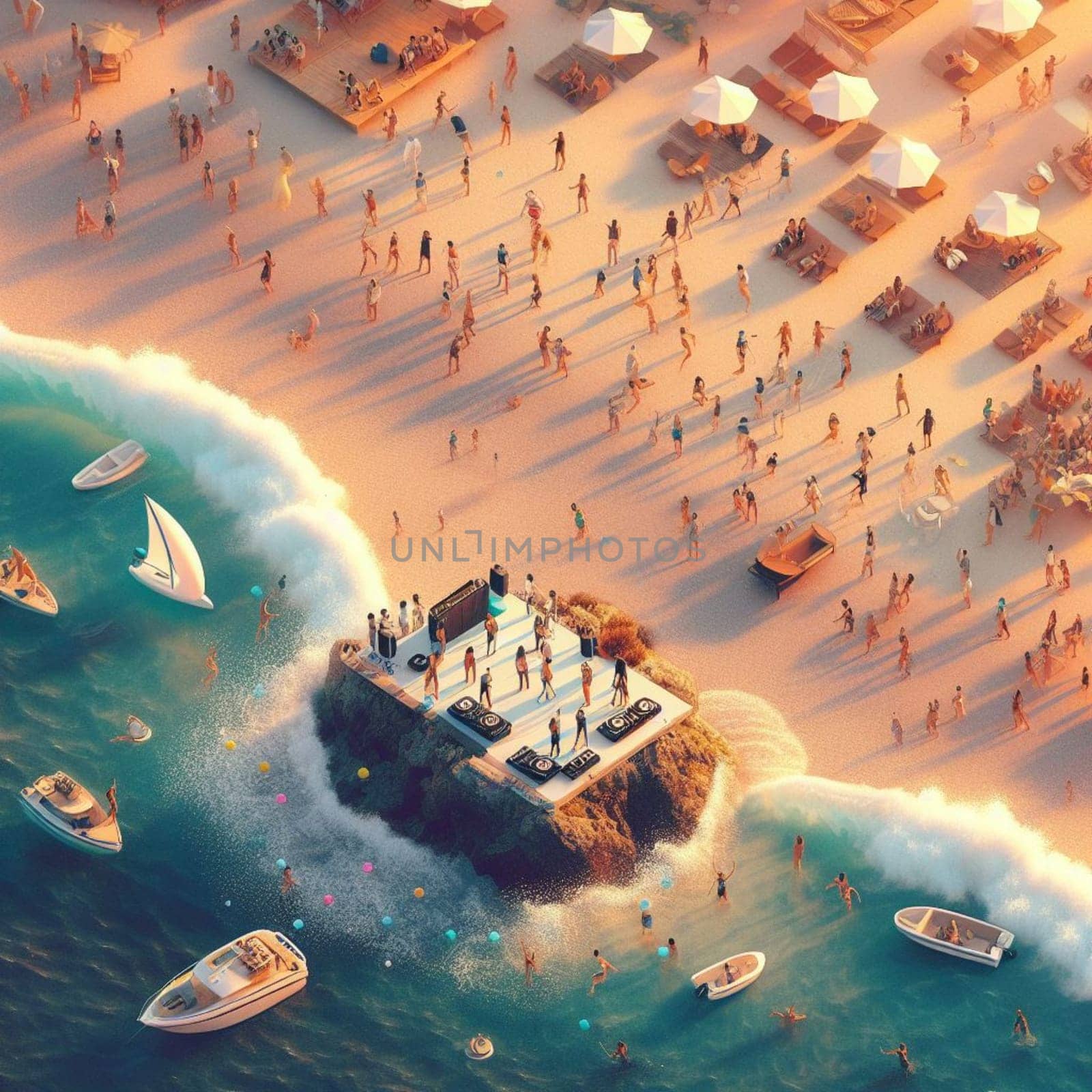 people having fun in the beach, isometric view, sea waves, 3d illustration by verbano