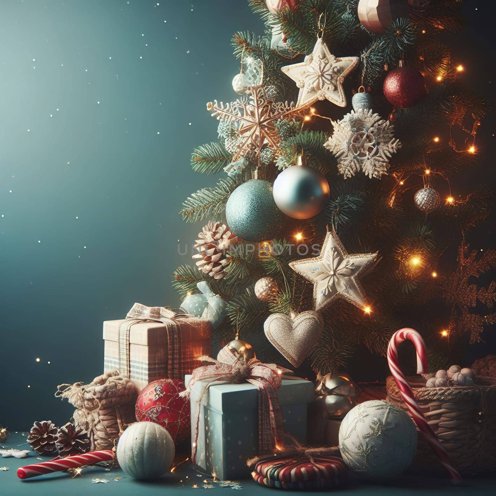 Christmas tree with gifts and lights on the background of a winter landscape.Christmas decoration with gift boxes and baubles on a dark background.Christmas and New Year background with Christmas tree and decorations. Vintage style toned picture.