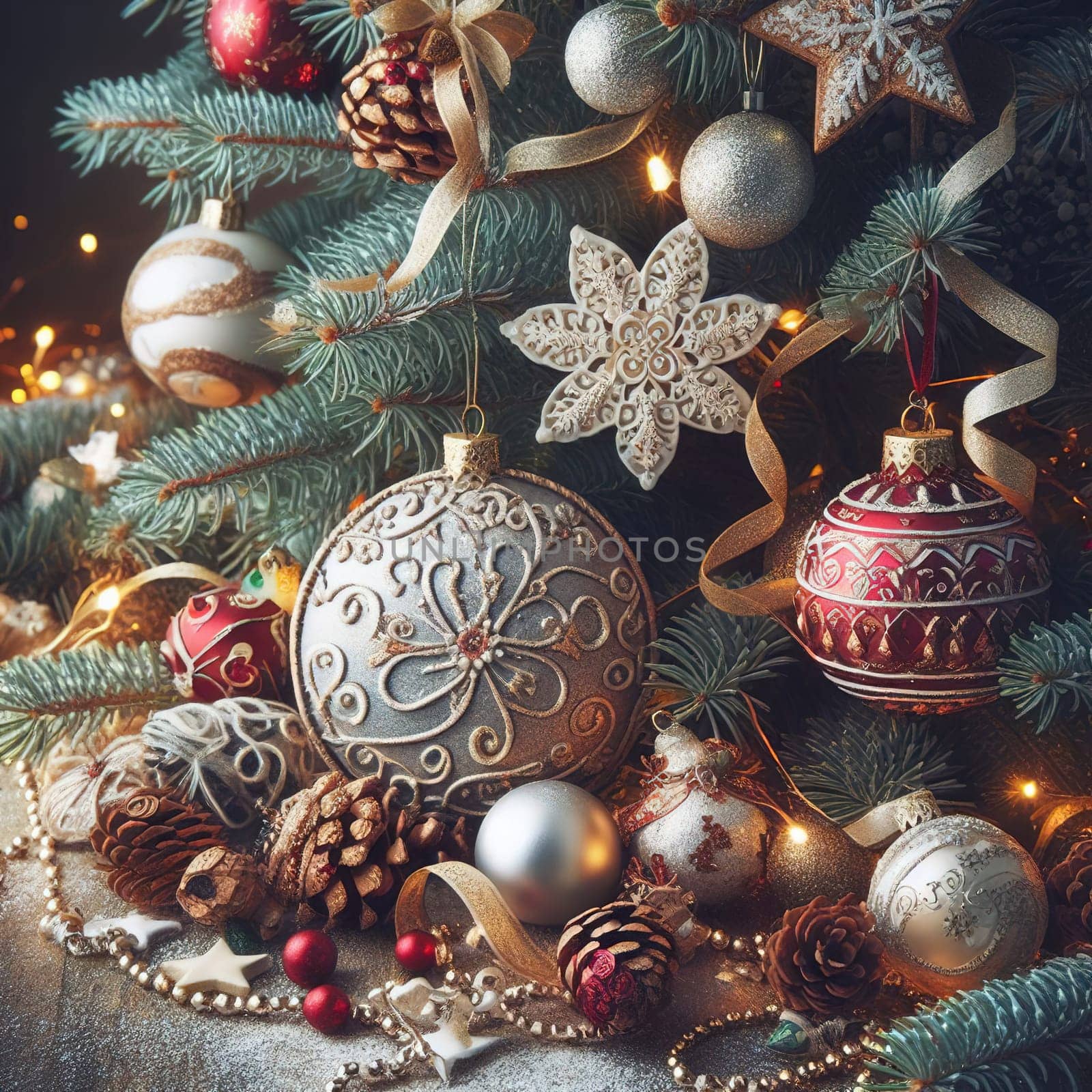 Christmas tree with gifts and lights on the background of a winter landscape.Christmas decoration with gift boxes and baubles on a dark background.Christmas and New Year background with Christmas tree and decorations. Vintage style toned picture.