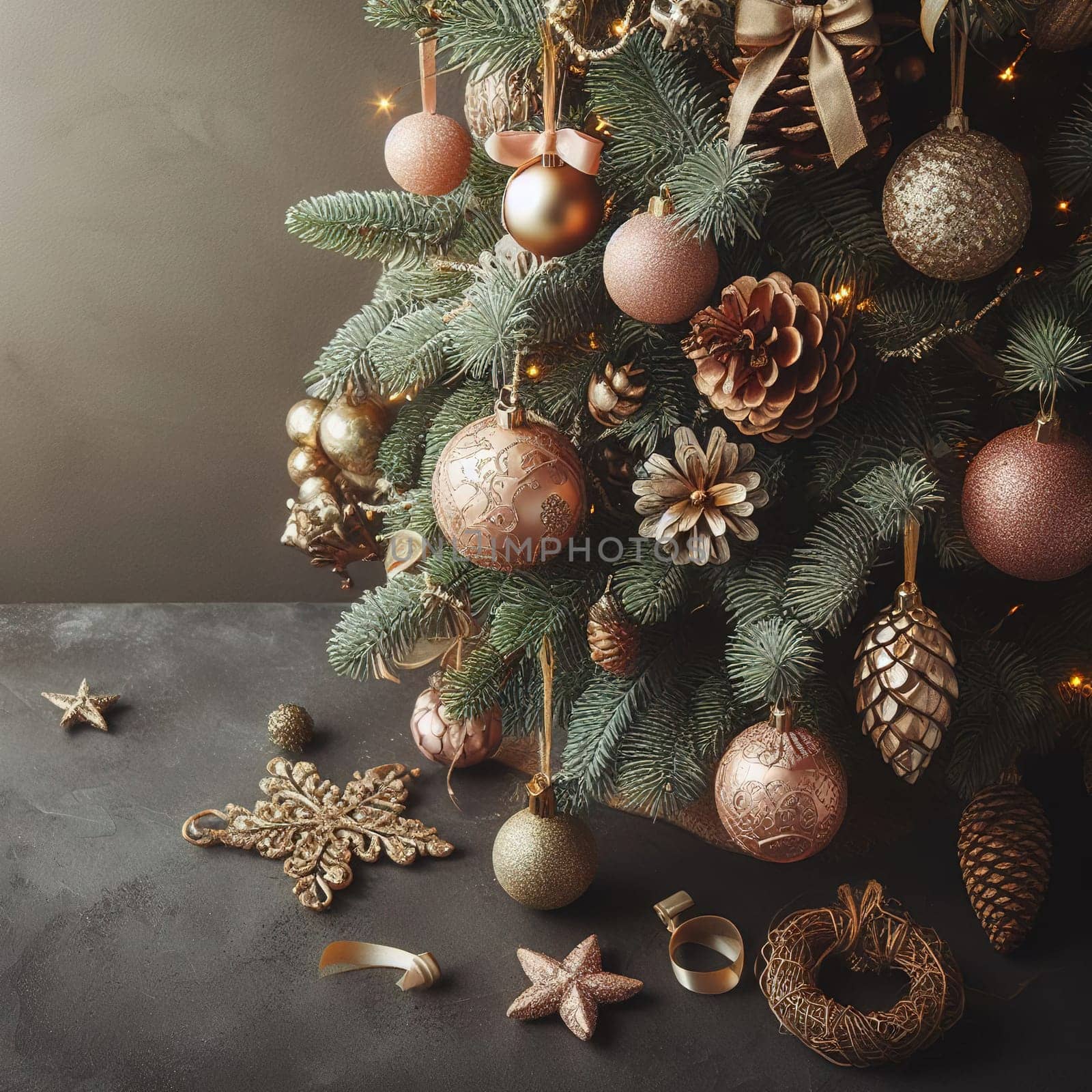 Christmas tree with gifts and lights on the background of a winter landscape.Christmas decoration with gift boxes and baubles on a dark background.Christmas and New Year background with Christmas tree and decorations. Vintage style toned picture.