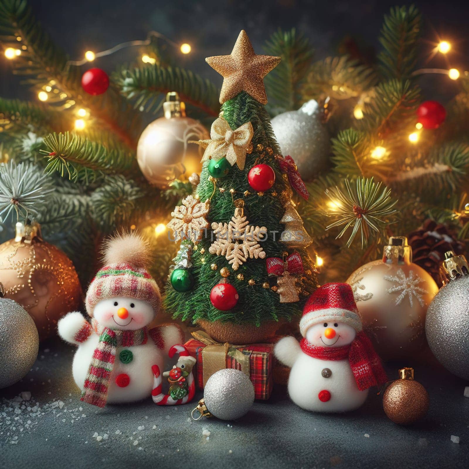 Christmas tree with gifts and lights on the background of a winter landscape.Christmas decoration with gift boxes and baubles on a dark background.Christmas and New Year background with Christmas tree and decorations. Vintage style toned picture.