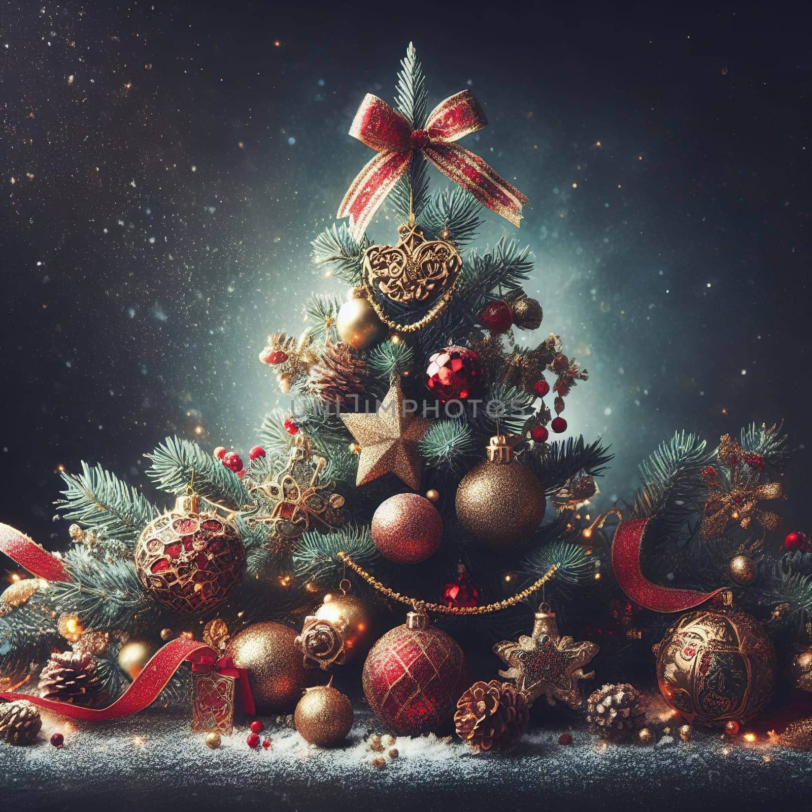 Christmas tree with gifts and lights on the background of a winter landscape.Christmas decoration with gift boxes and baubles on a dark background.Christmas and New Year background with Christmas tree and decorations. Vintage style toned picture.