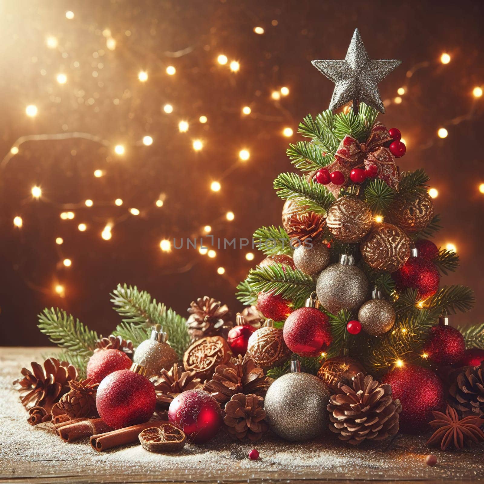 Christmas tree with gifts and lights on the background of a winter landscape.Christmas decoration with gift boxes and baubles on a dark background.Christmas and New Year background with Christmas tree and decorations. Vintage style toned picture.